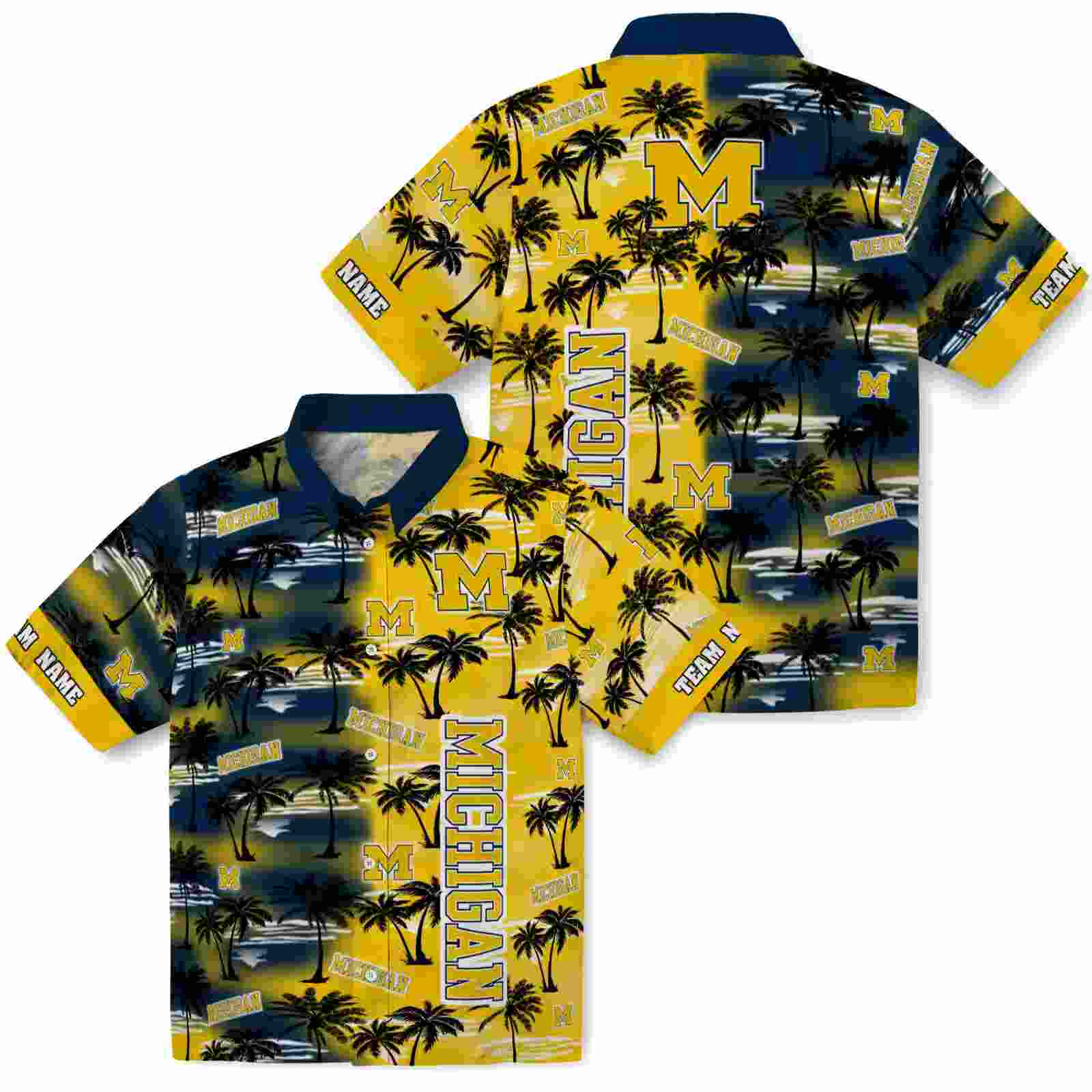 custom michigan wolverines palm silhouettes blue hawaiian shirt high quality