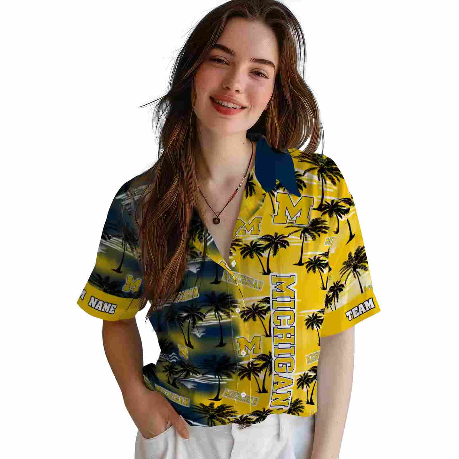 custom michigan wolverines palm silhouettes blue hawaiian shirt latest model