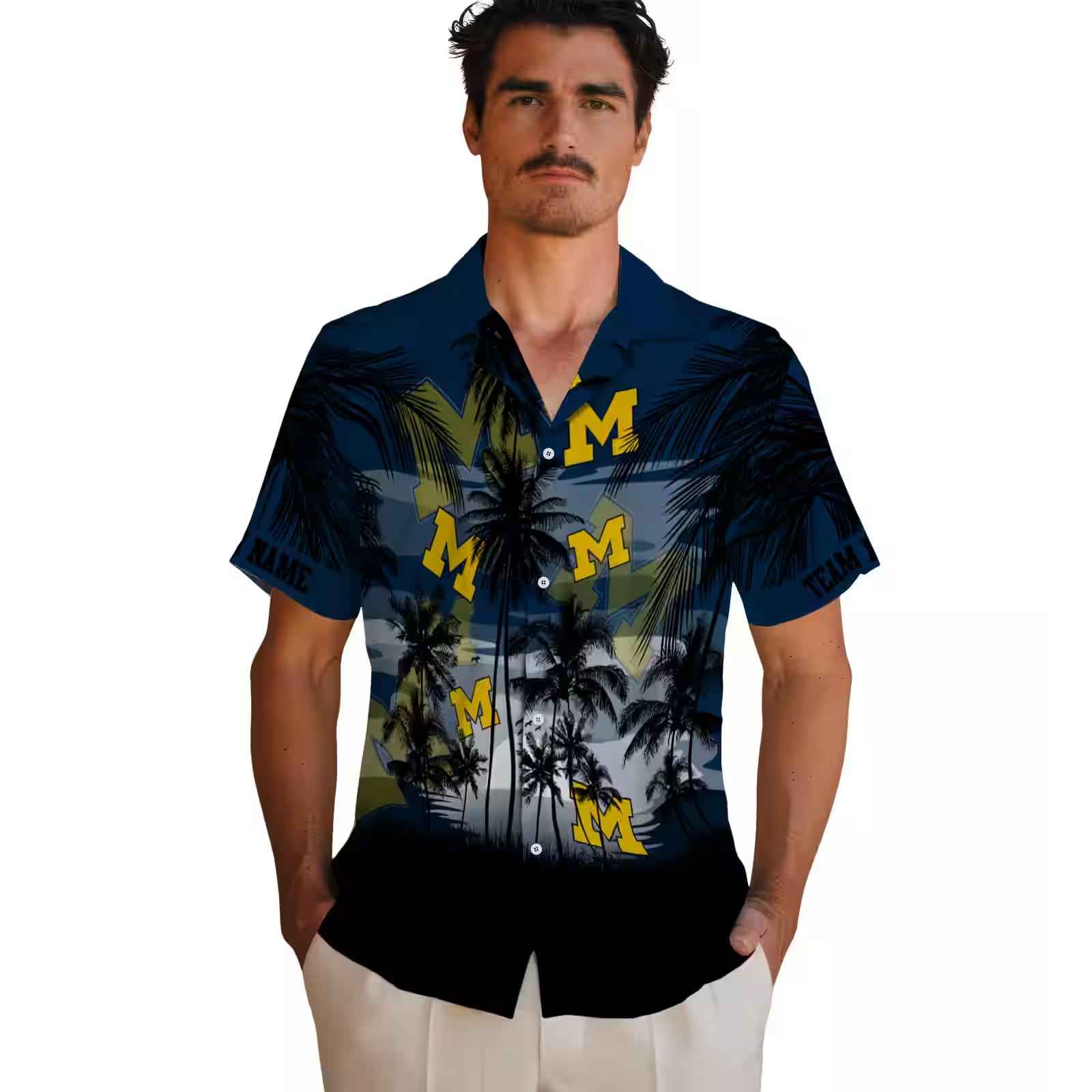 custom michigan wolverines sunset scene blue black hawaiian shirt fashion forward