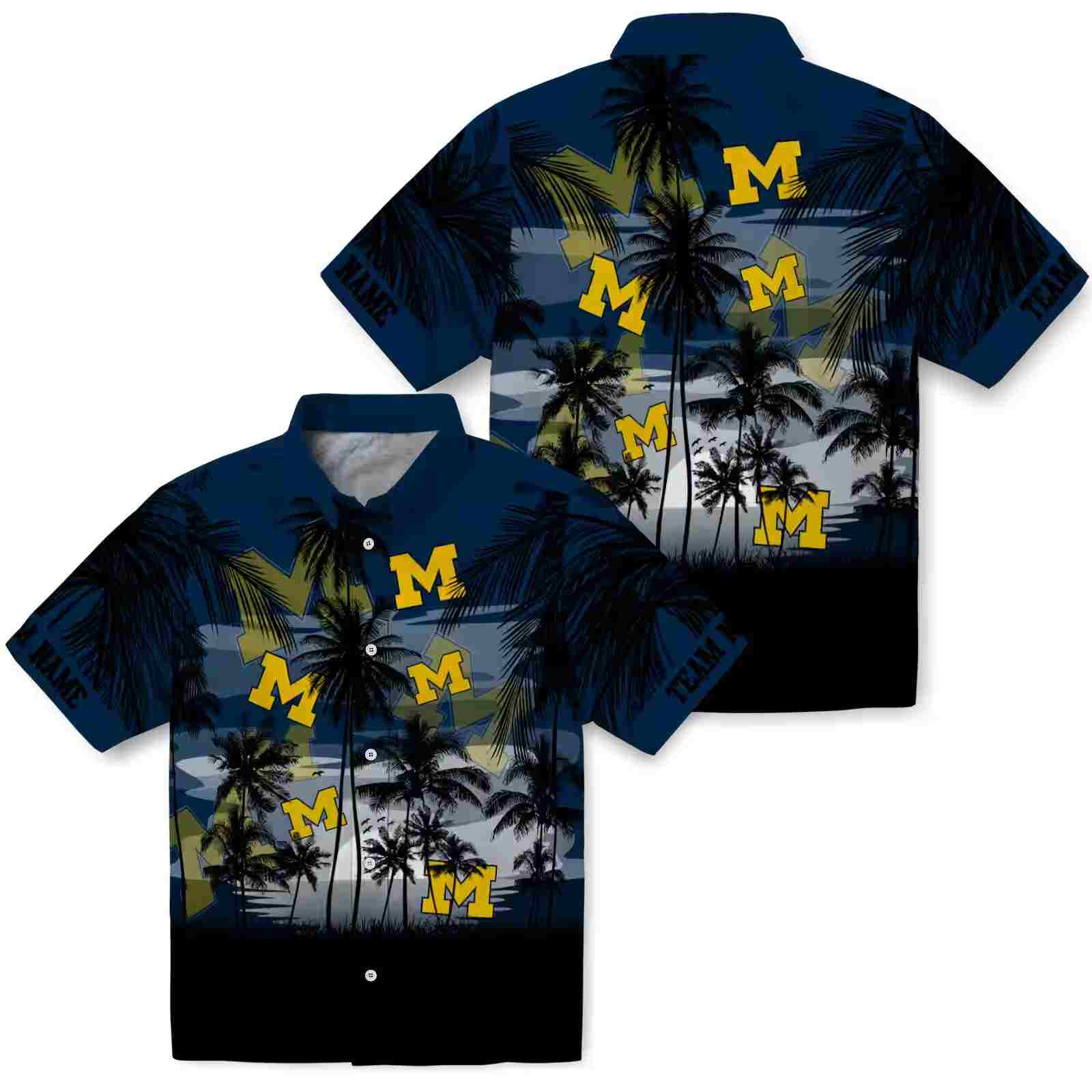 custom michigan wolverines sunset scene blue black hawaiian shirt high quality