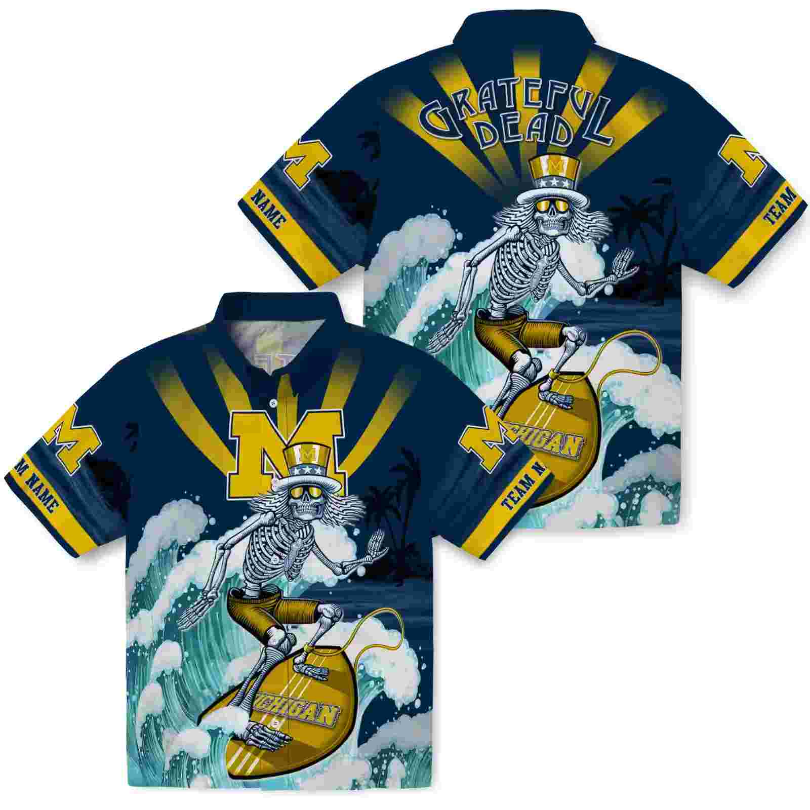 custom michigan wolverines surfing skeleton blue hawaiian shirt high quality