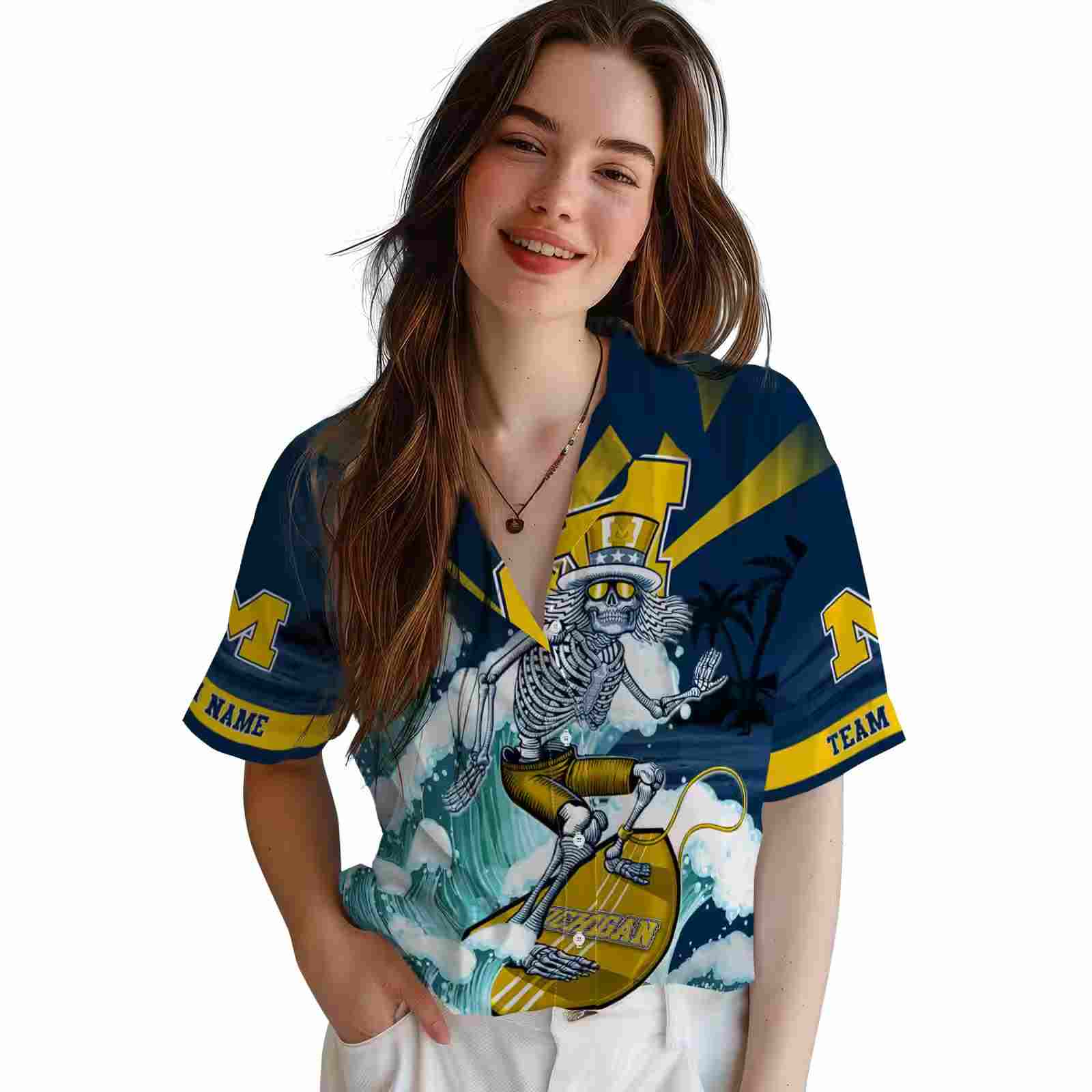 custom michigan wolverines surfing skeleton blue hawaiian shirt latest model