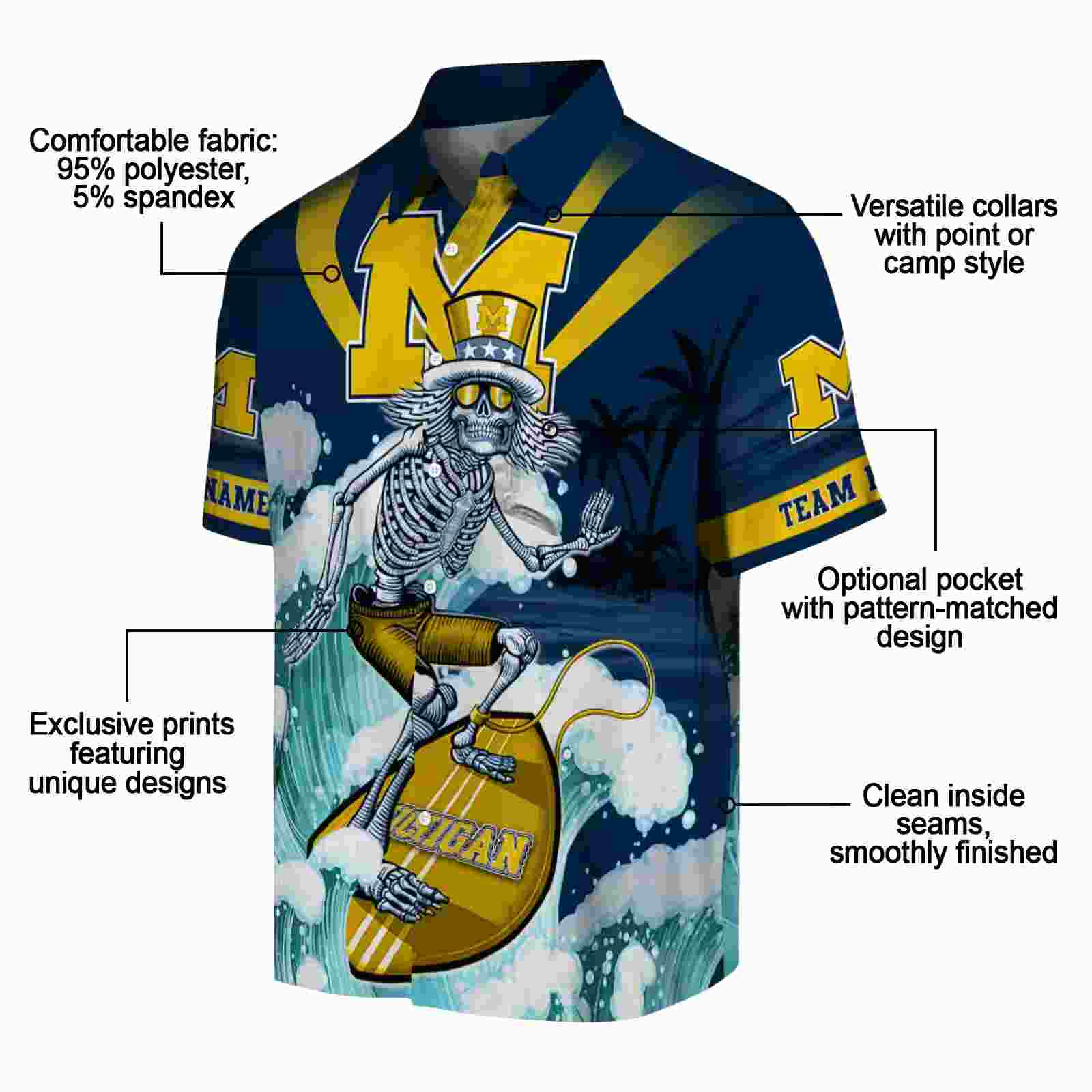 custom michigan wolverines surfing skeleton blue hawaiian shirt new arrival