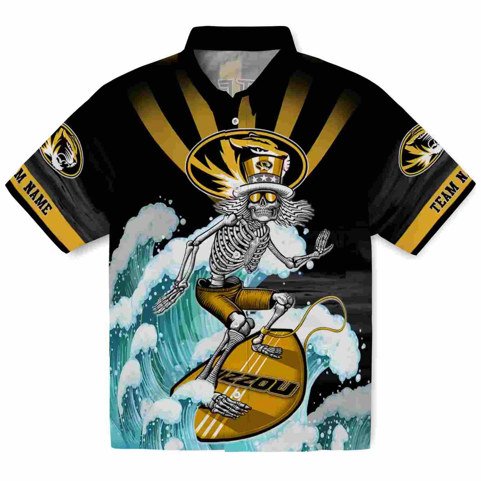 Custom Missouri Tigers Surfing Skeleton Black Blue Hawaiian Shirt