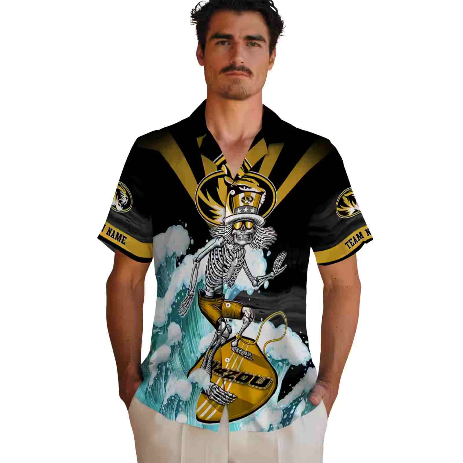 custom missouri tigers surfing skeleton black blue hawaiian shirt fashion forward