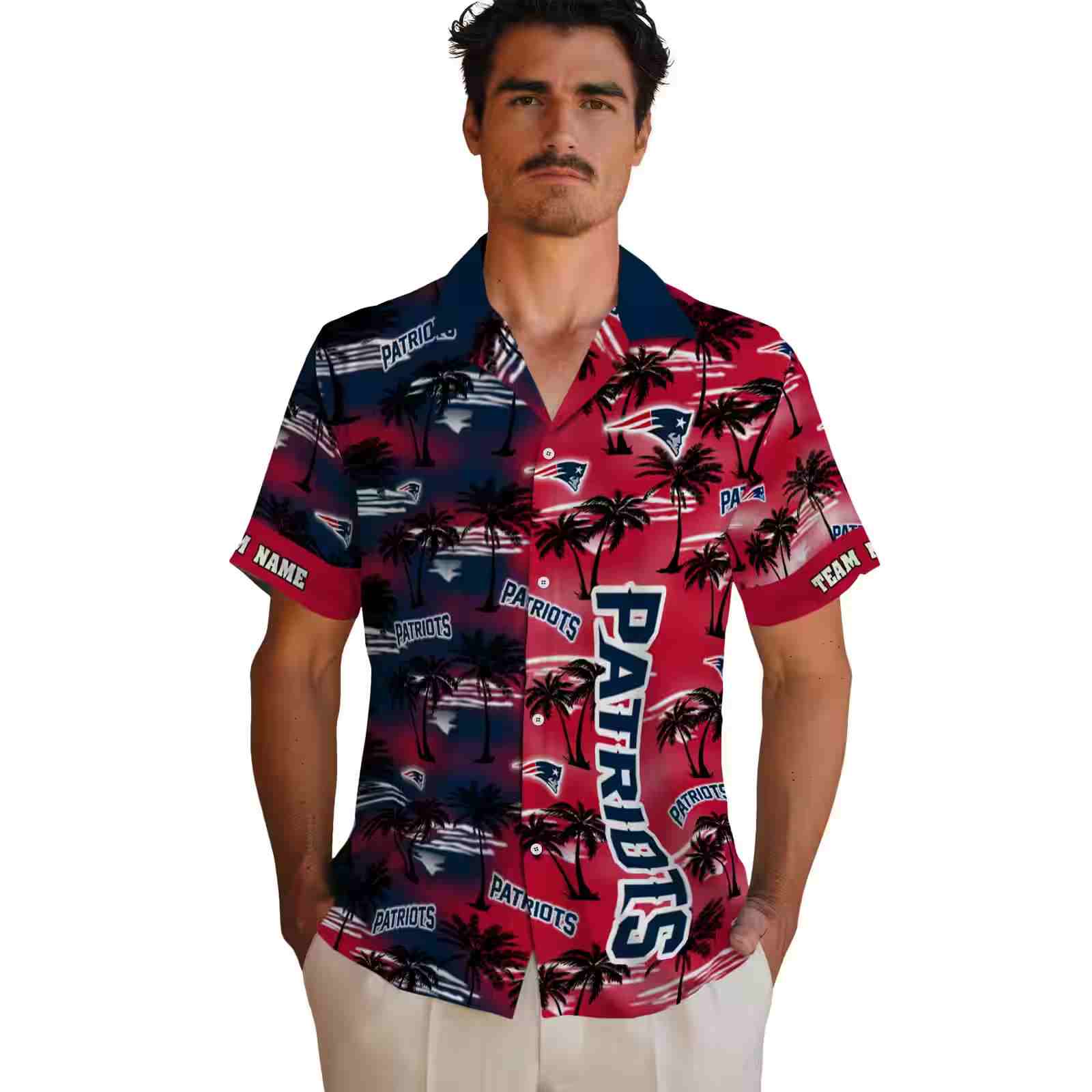 custom new england patriots palm silhouettes blue hawaiian shirt fashion forward