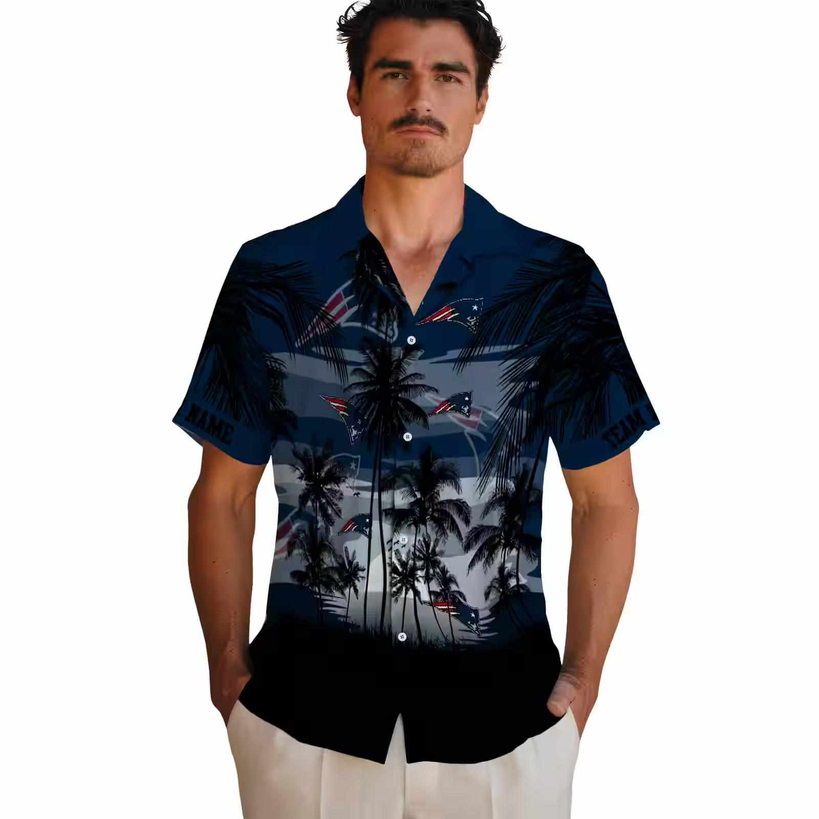 custom new england patriots sunset scene blue black hawaiian shirt fashion forward