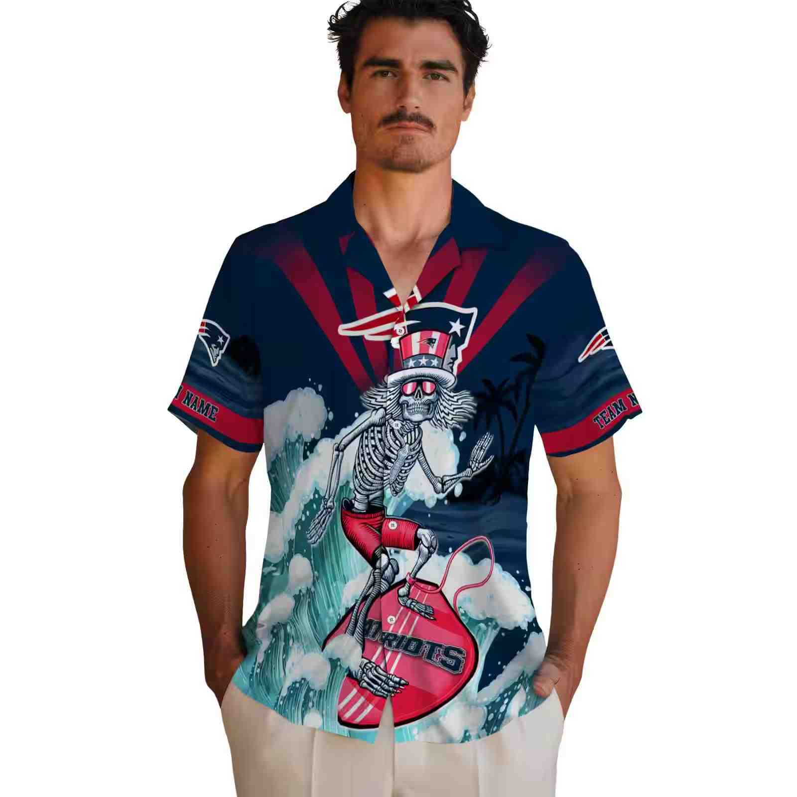 custom new england patriots surfing skeleton blue hawaiian shirt fashion forward