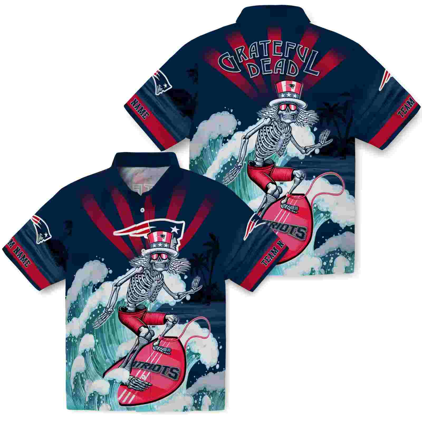 custom new england patriots surfing skeleton blue hawaiian shirt high quality