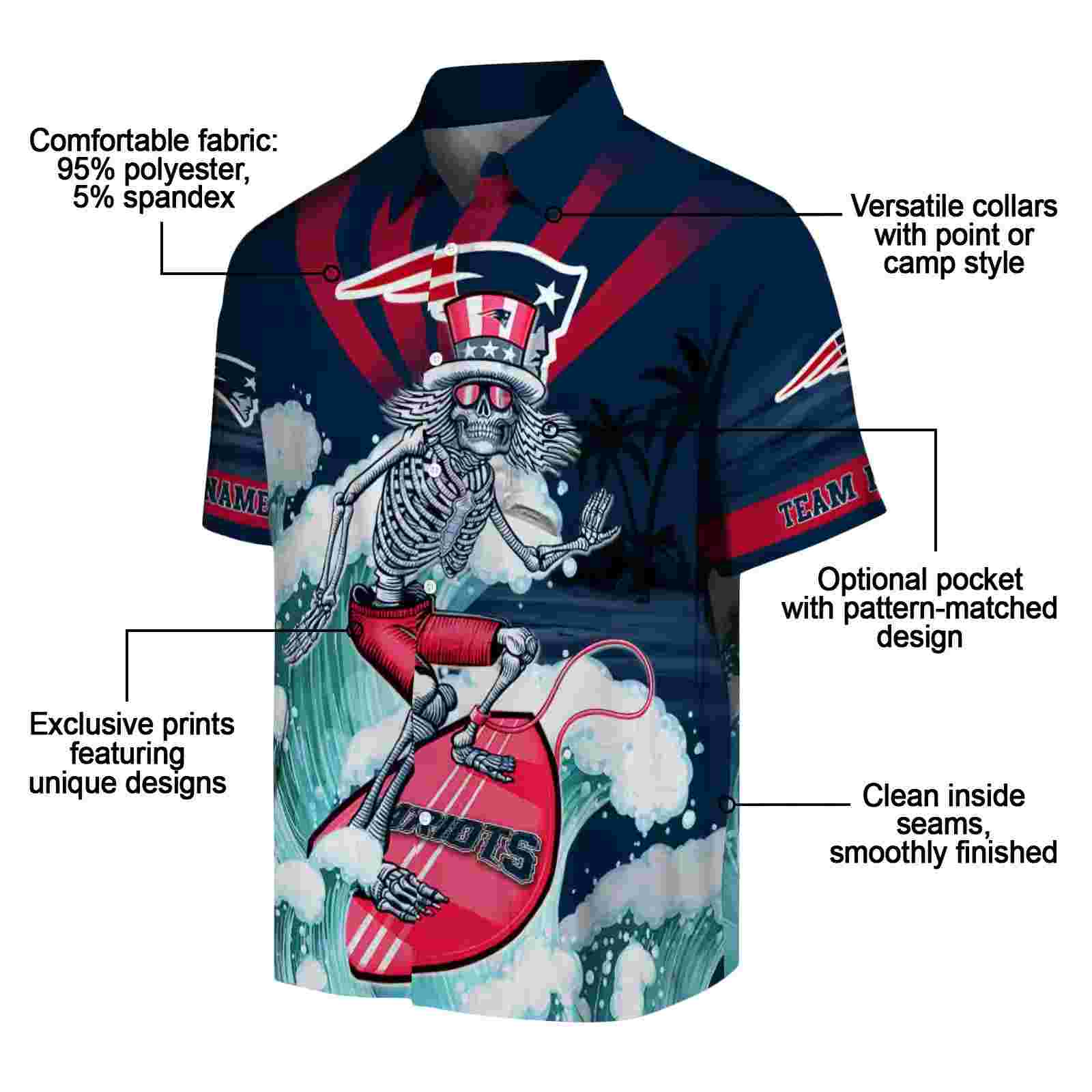 custom new england patriots surfing skeleton blue hawaiian shirt new arrival