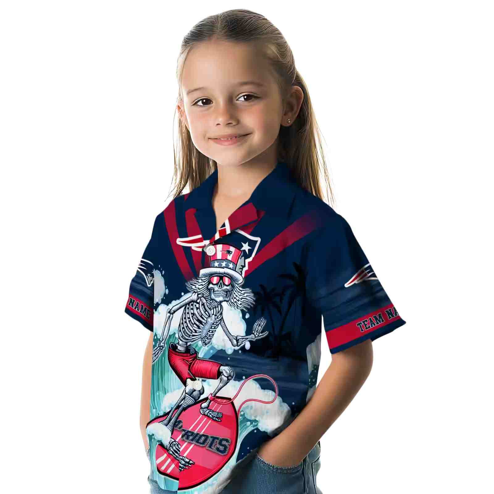 custom new england patriots surfing skeleton blue hawaiian shirt premium grade