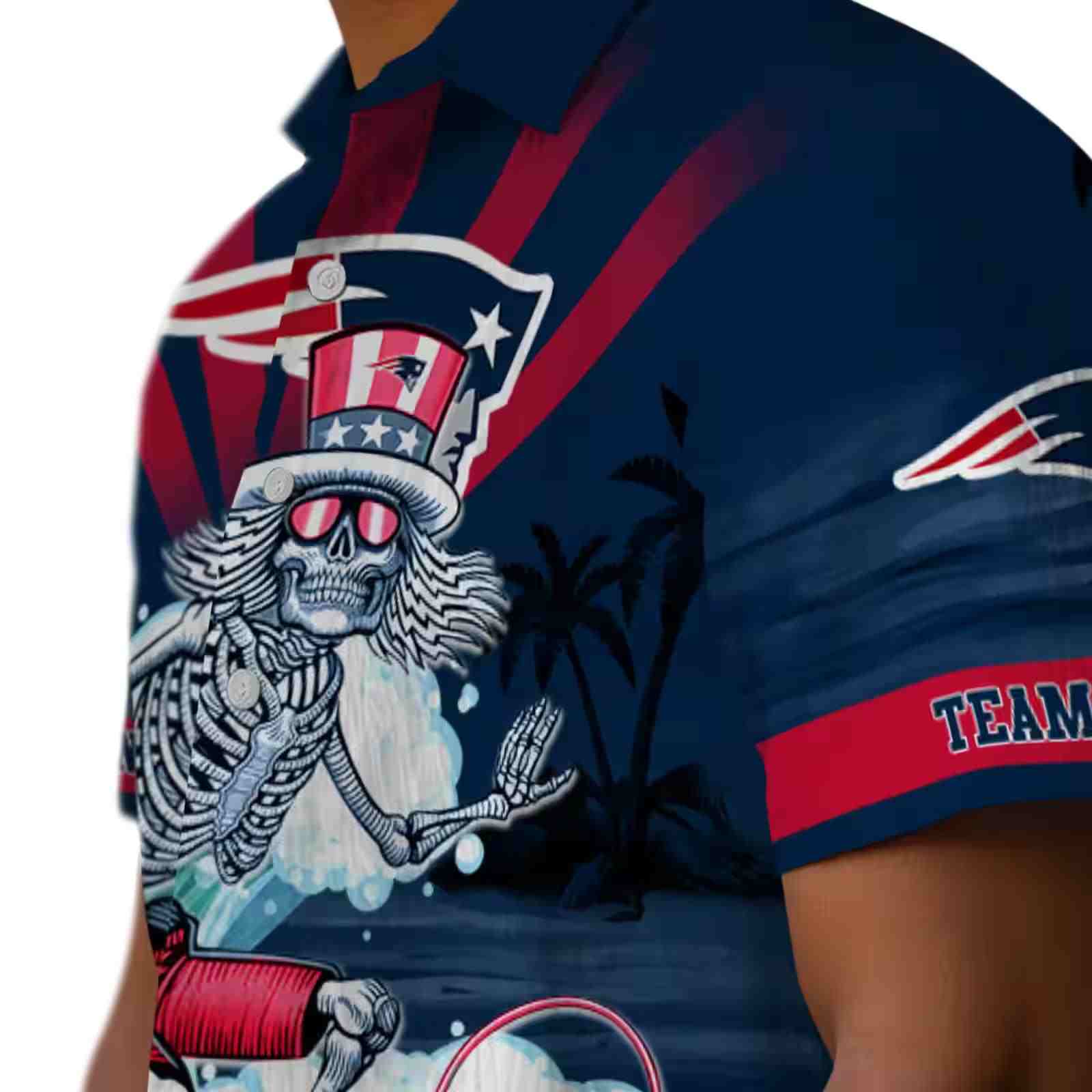 custom new england patriots surfing skeleton blue hawaiian shirt trendy