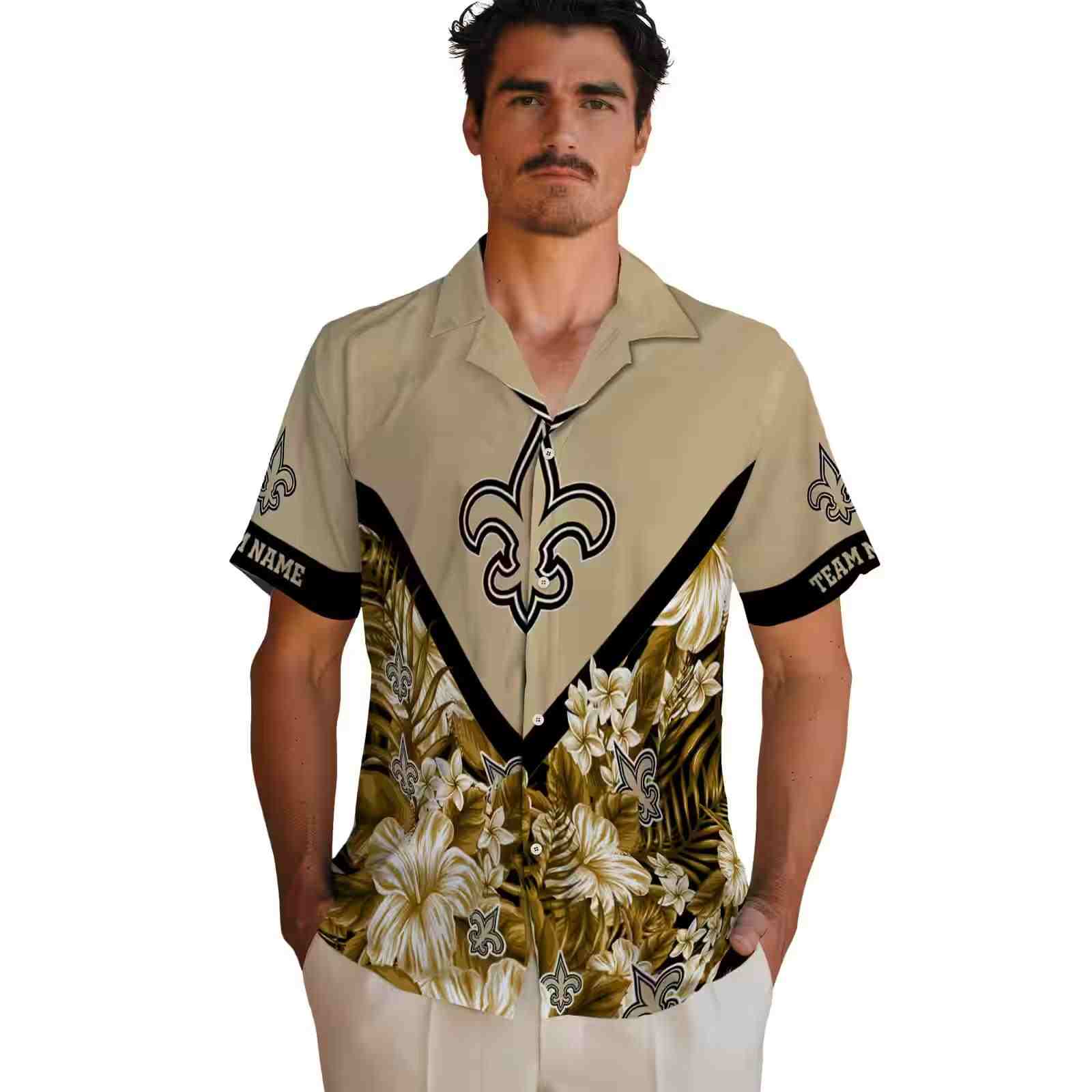 custom new orleans saints floral chevron gold hawaiian shirt fashion forward