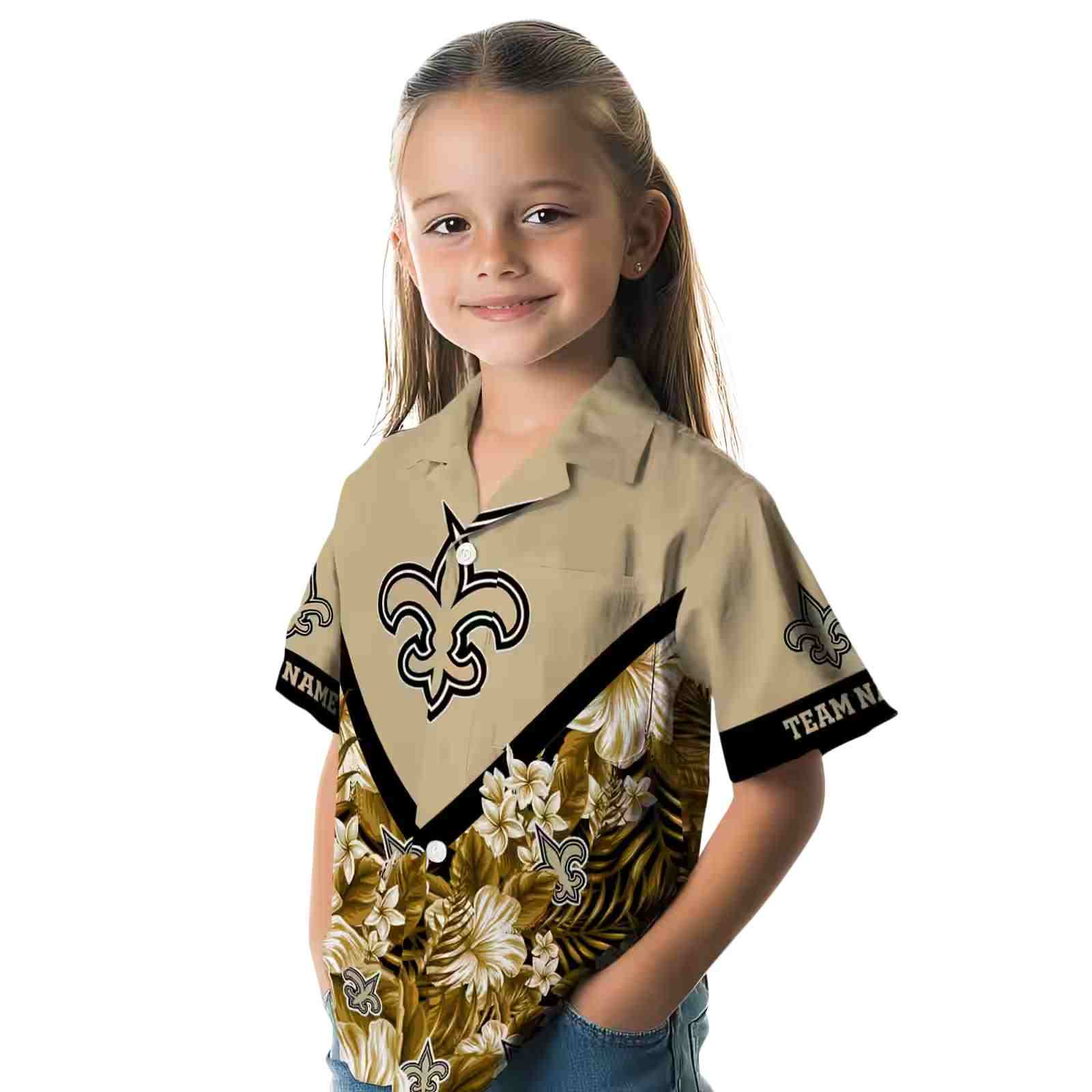 custom new orleans saints floral chevron gold hawaiian shirt premium grade