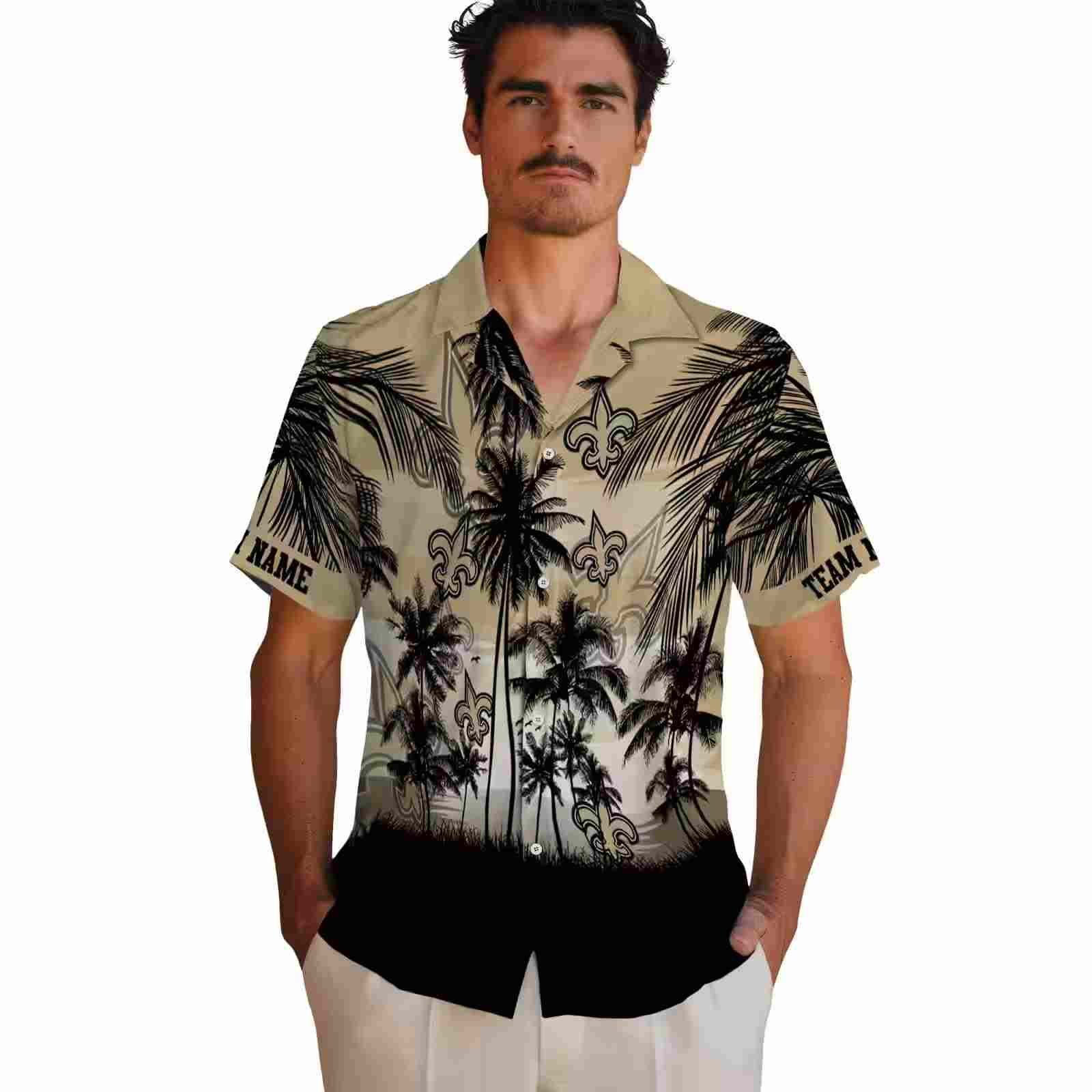 custom new orleans saints sunset scene gold black hawaiian shirt fashion forward