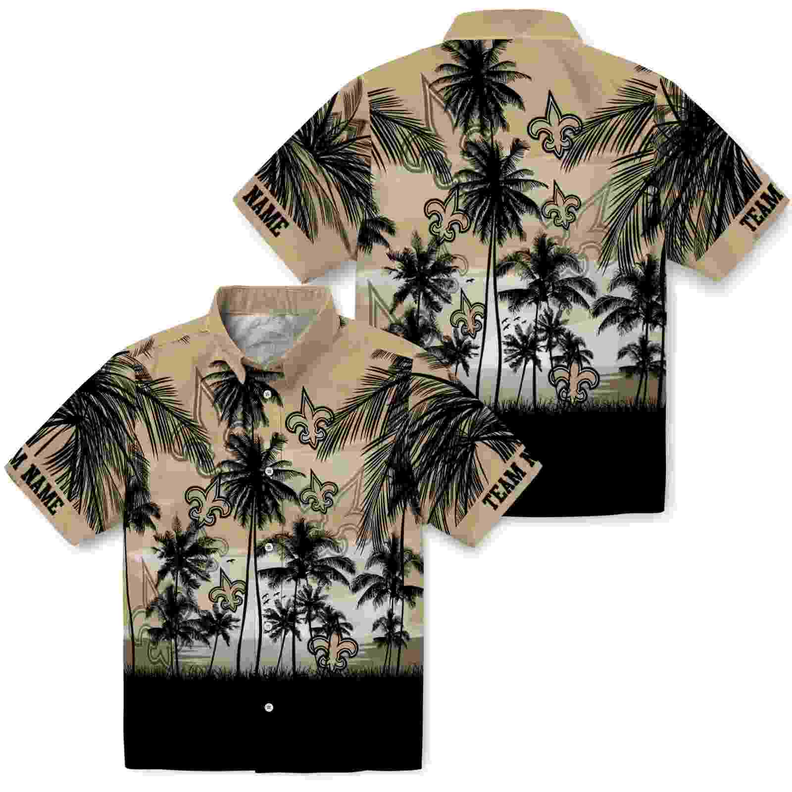 custom new orleans saints sunset scene gold black hawaiian shirt high quality