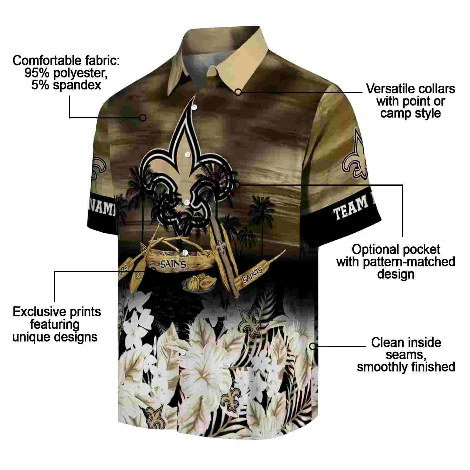 custom new orleans saints tropical canoe gold hawaiian shirt new arrival