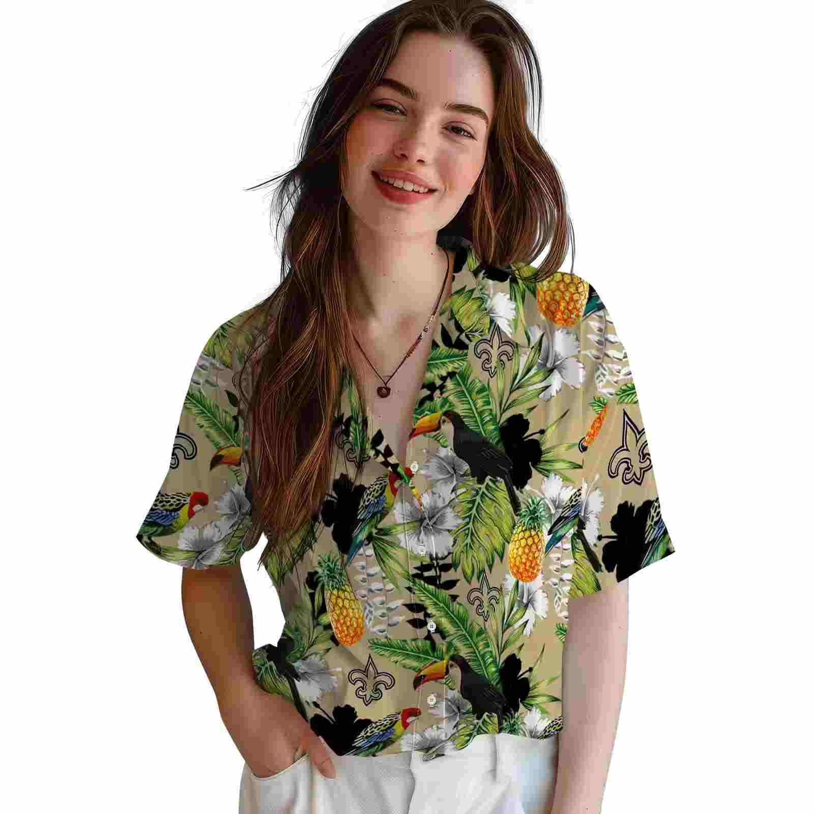 custom new orleans saints tropical toucan gold green hawaiian shirt latest model