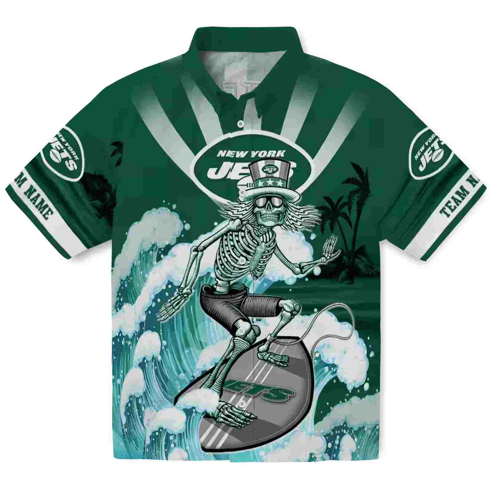 Custom New York Jets Surfing Skeleton Green Blue Hawaiian Shirt