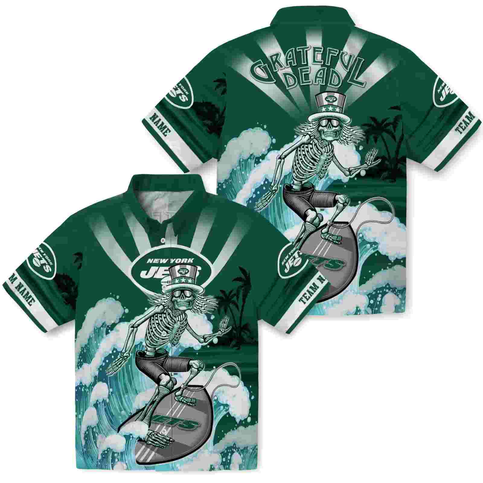 custom new york jets surfing skeleton green blue hawaiian shirt high quality