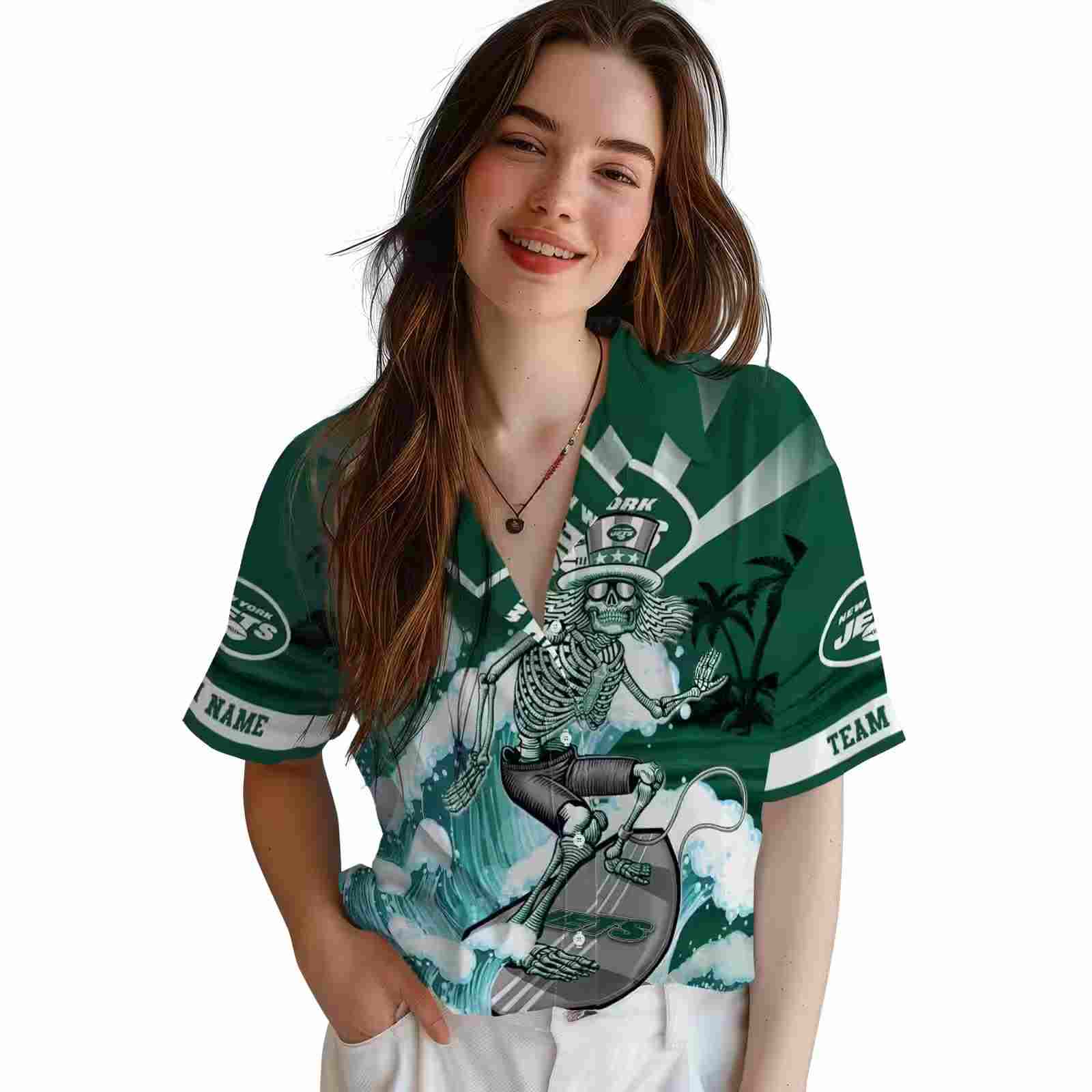 custom new york jets surfing skeleton green blue hawaiian shirt latest model