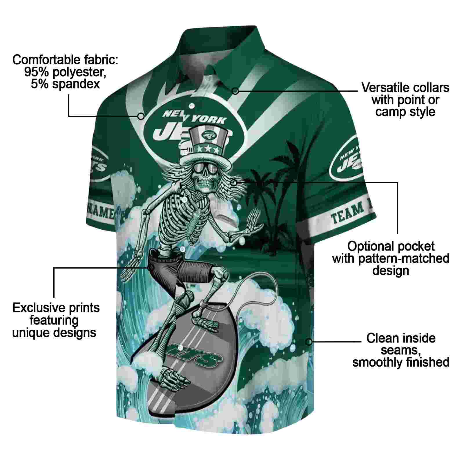 custom new york jets surfing skeleton green blue hawaiian shirt new arrival