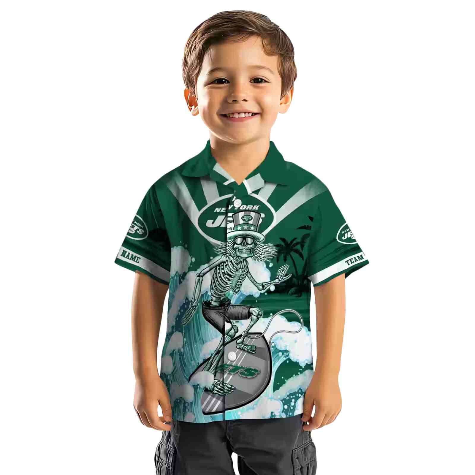 custom new york jets surfing skeleton green blue hawaiian shirt top rated