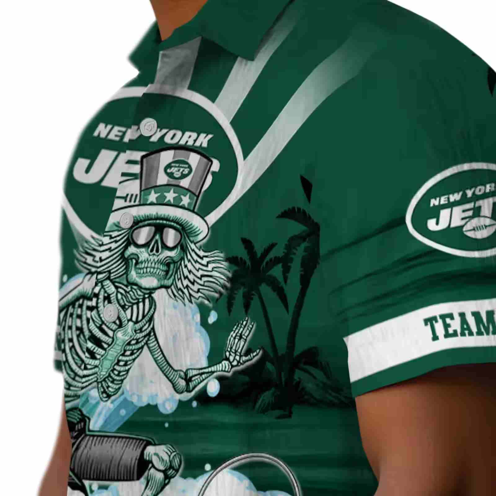 custom new york jets surfing skeleton green blue hawaiian shirt trendy