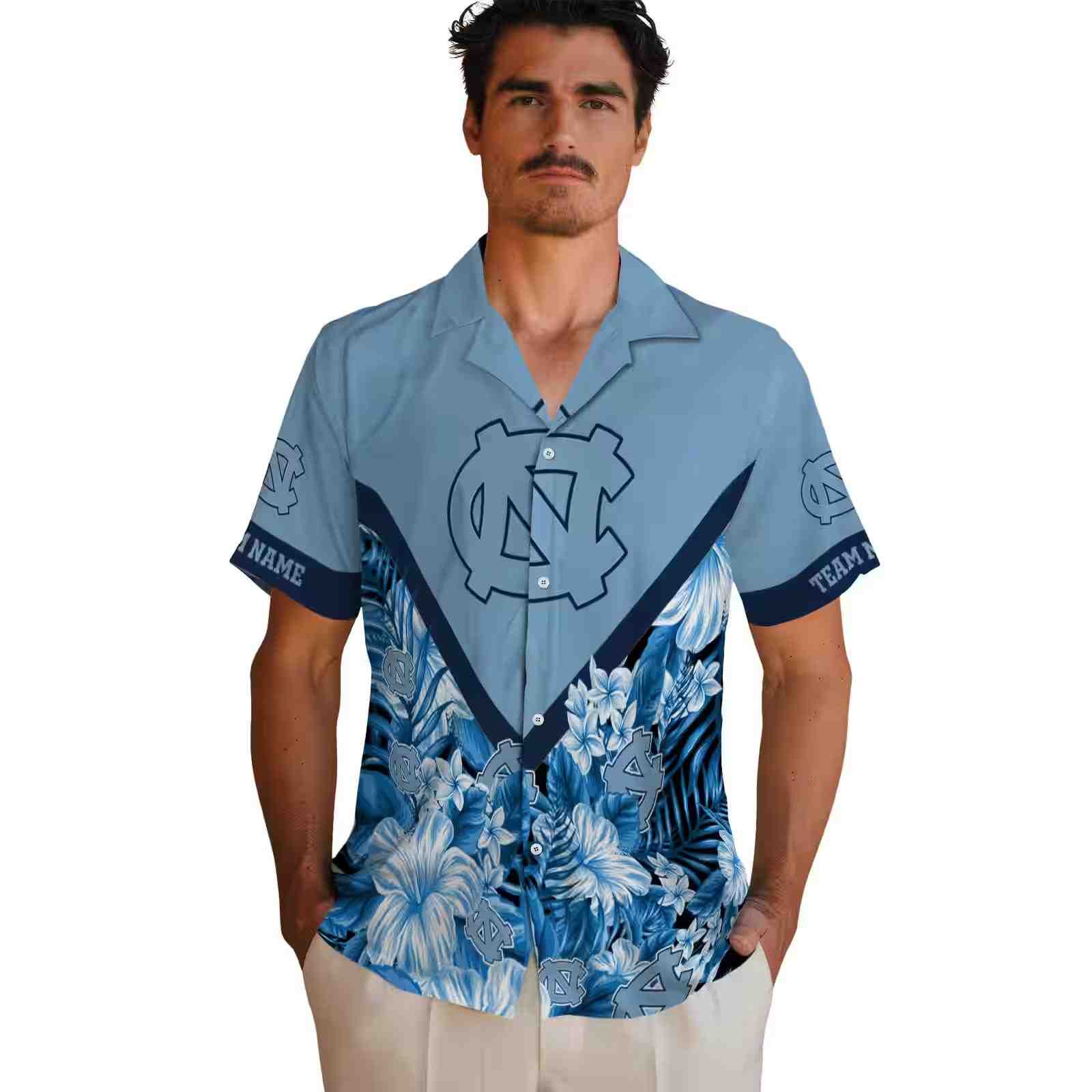 custom north carolina tar heels floral chevron light blue hawaiian shirt fashion forward