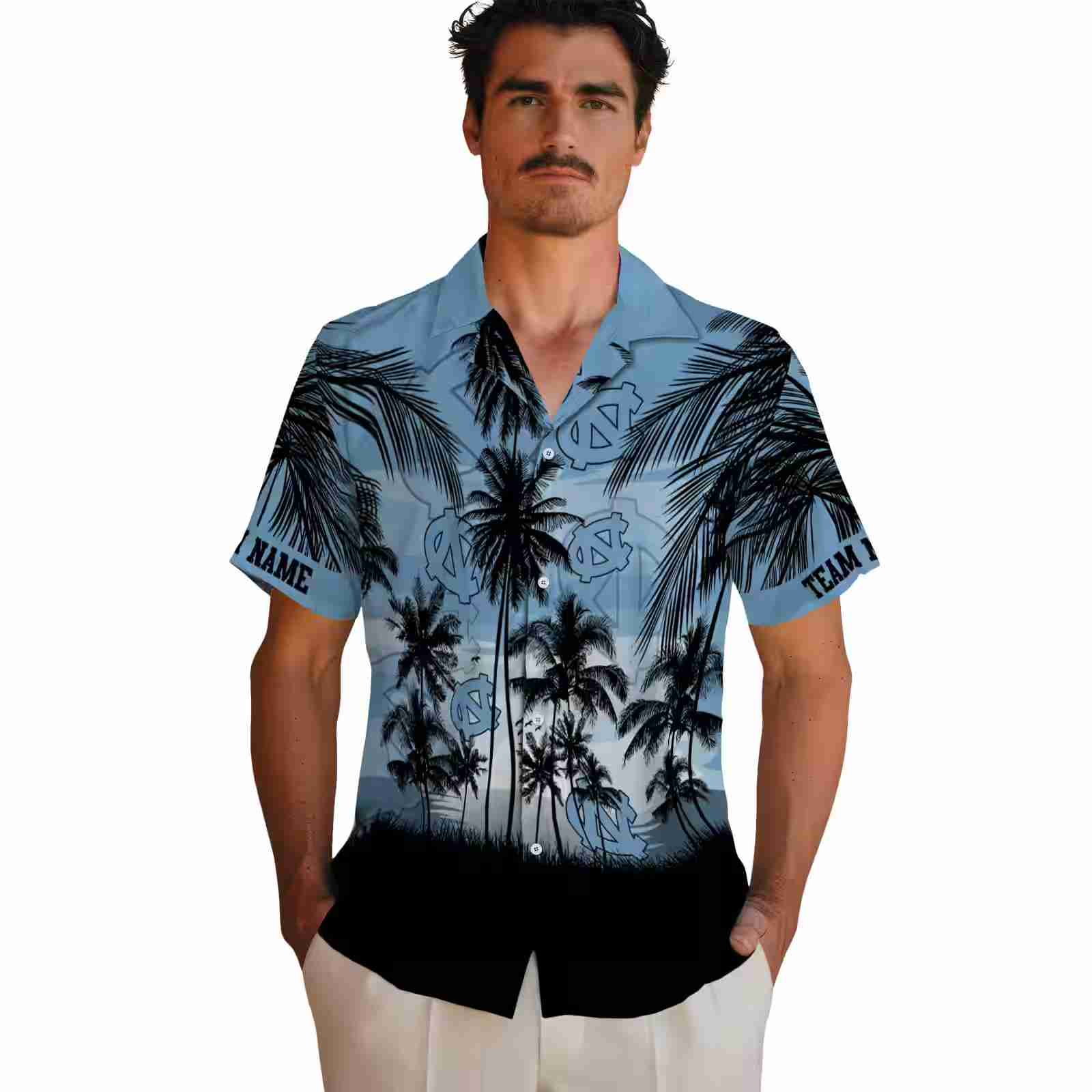 custom north carolina tar heels sunset scene light blue black hawaiian shirt fashion forward