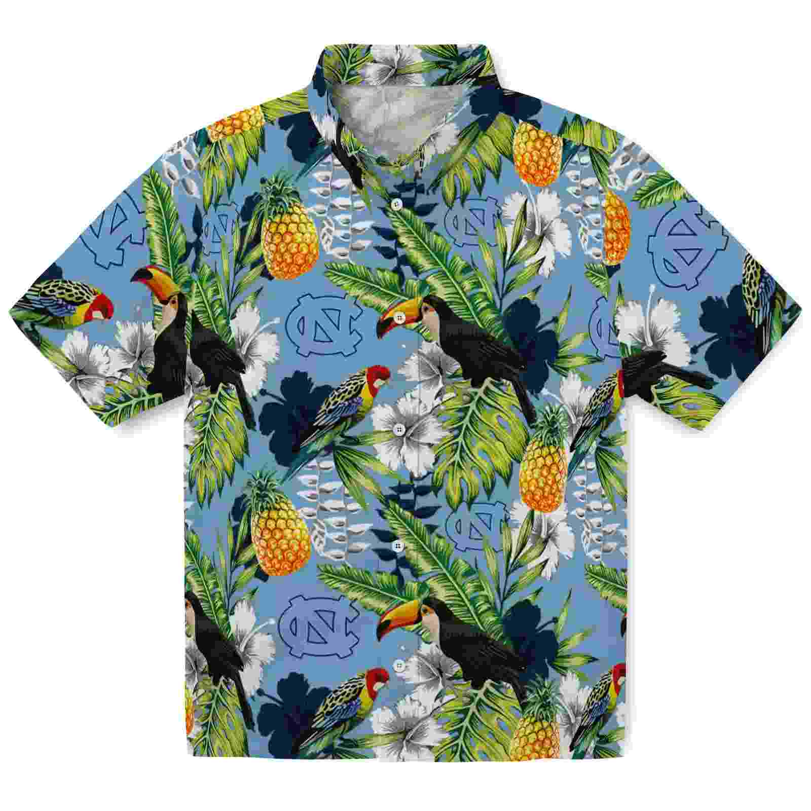 Custom North Carolina Tar Heels Tropical Toucan Light Blue Green Hawaiian Shirt