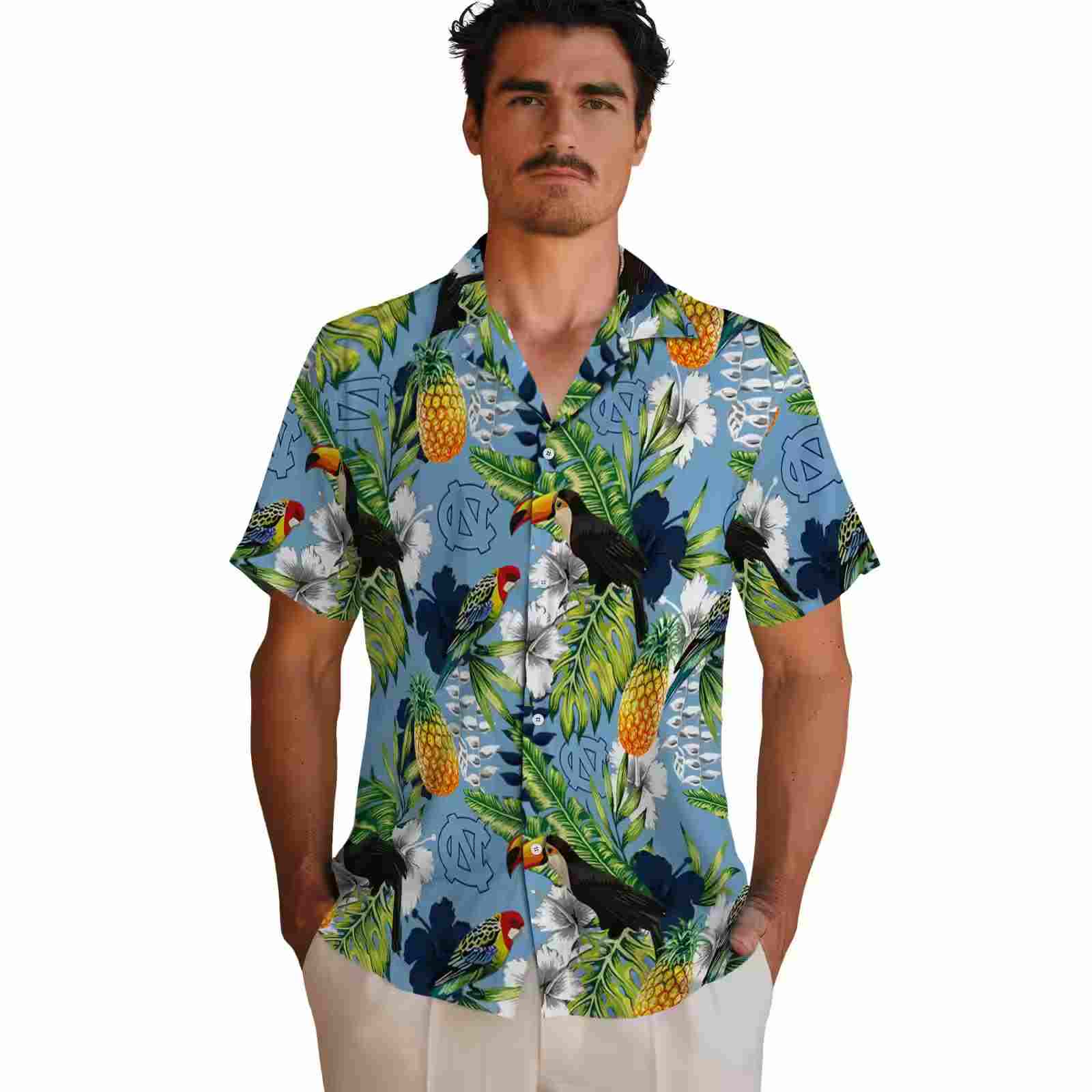 custom north carolina tar heels tropical toucan light blue green hawaiian shirt fashion forward