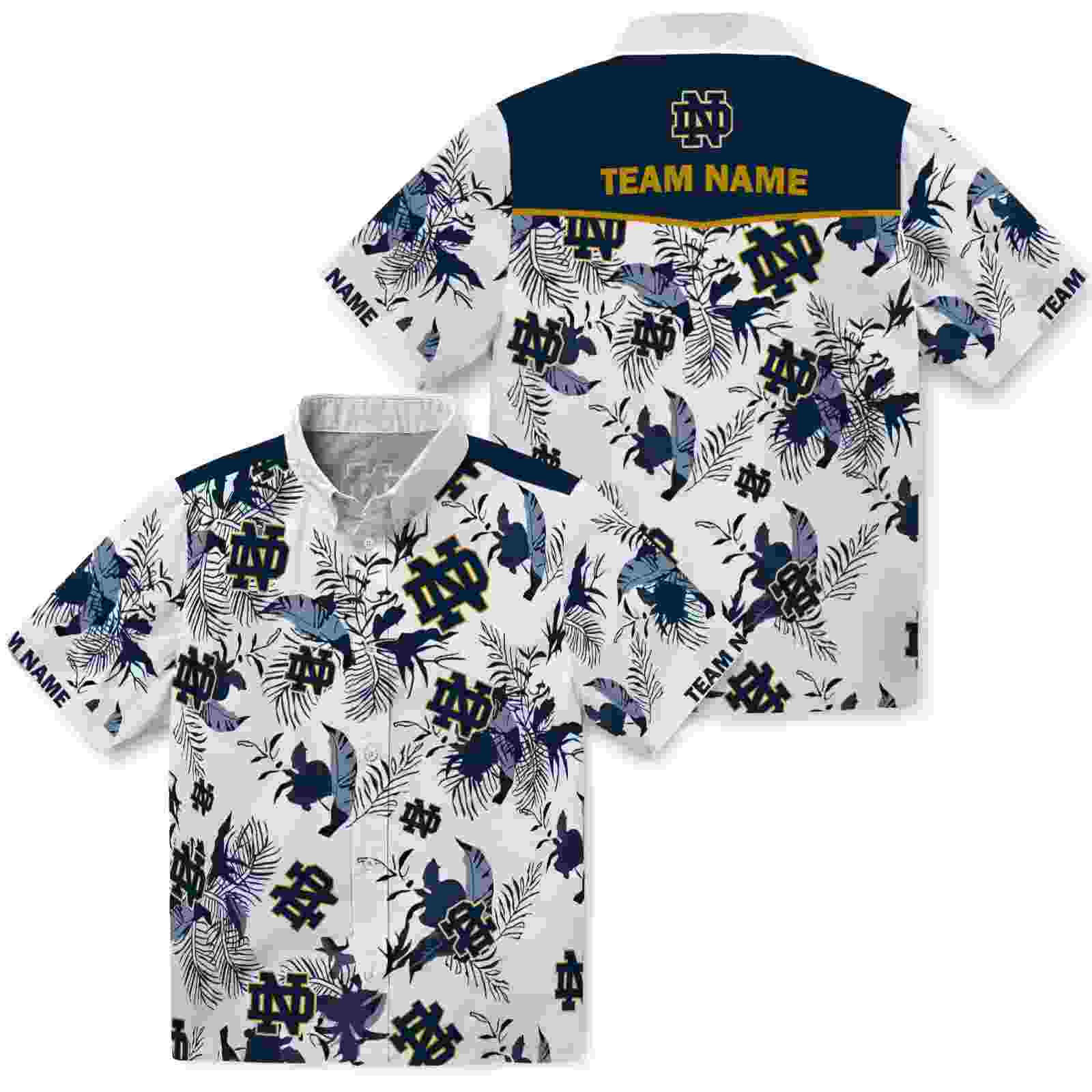 custom notre dame fighting irish botanical theme navy white hawaiian shirt high quality