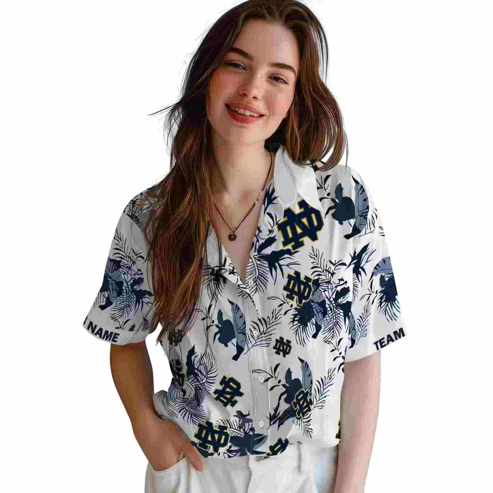 custom notre dame fighting irish botanical theme navy white hawaiian shirt latest model