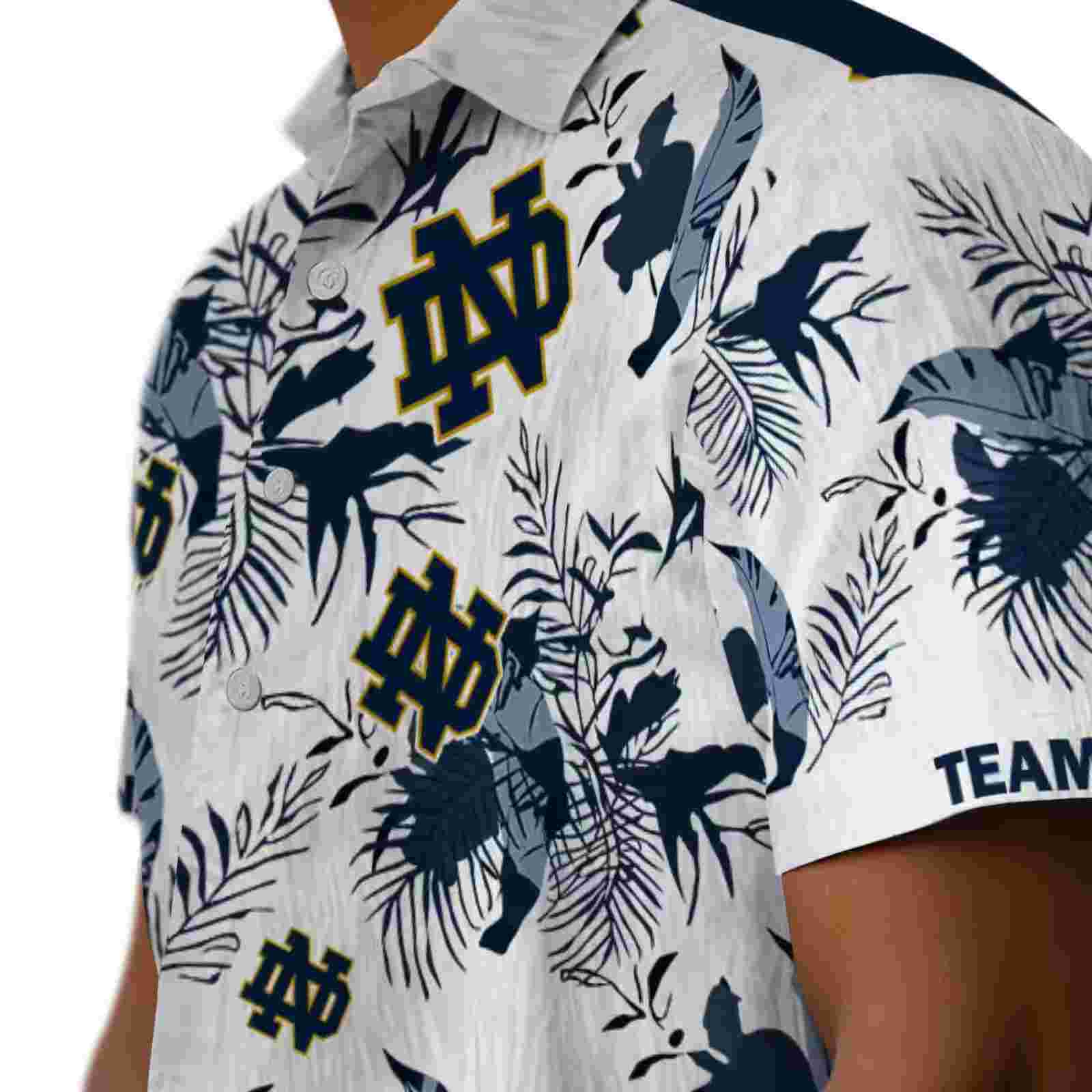 custom notre dame fighting irish botanical theme navy white hawaiian shirt trendy