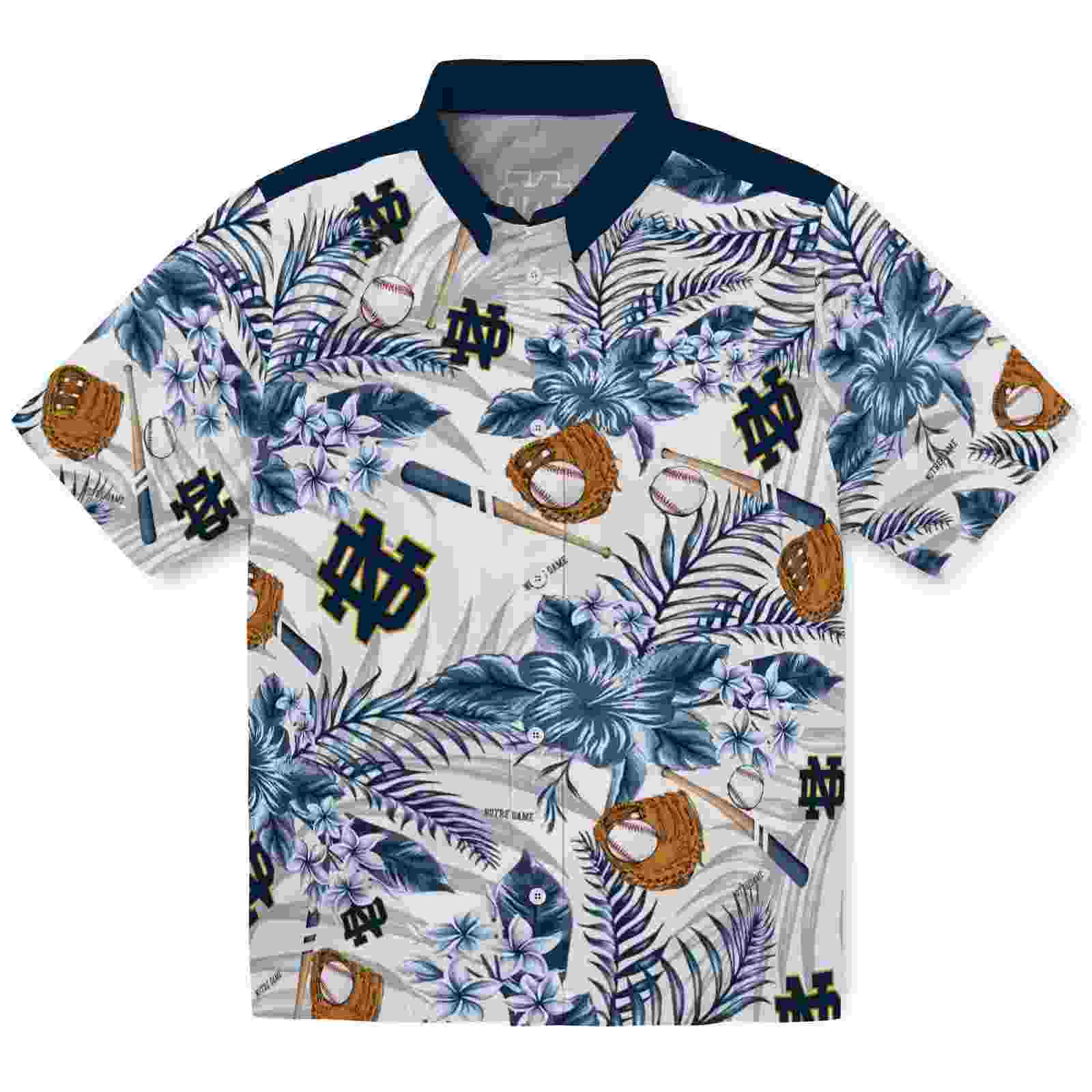 Custom Notre Dame Fighting Irish Floral Baseball Navy White Hawaiian Shirt