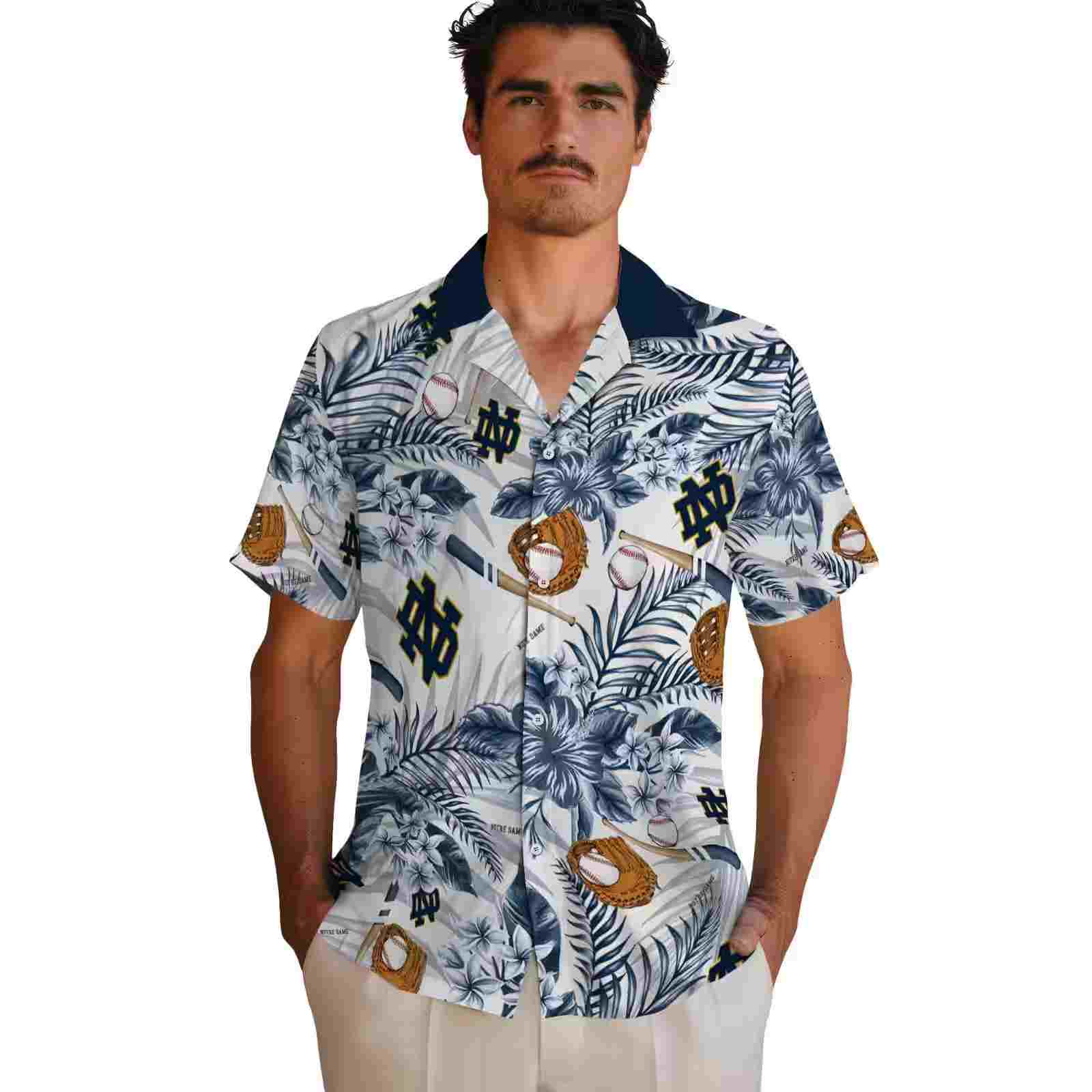 custom notre dame fighting irish floral baseball navy white hawaiian shirt fashion forward