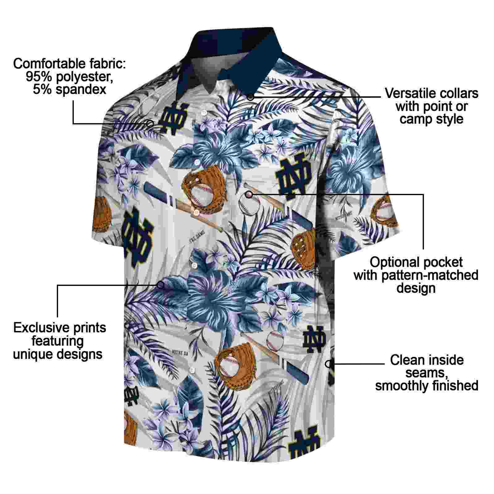 custom notre dame fighting irish floral baseball navy white hawaiian shirt new arrival