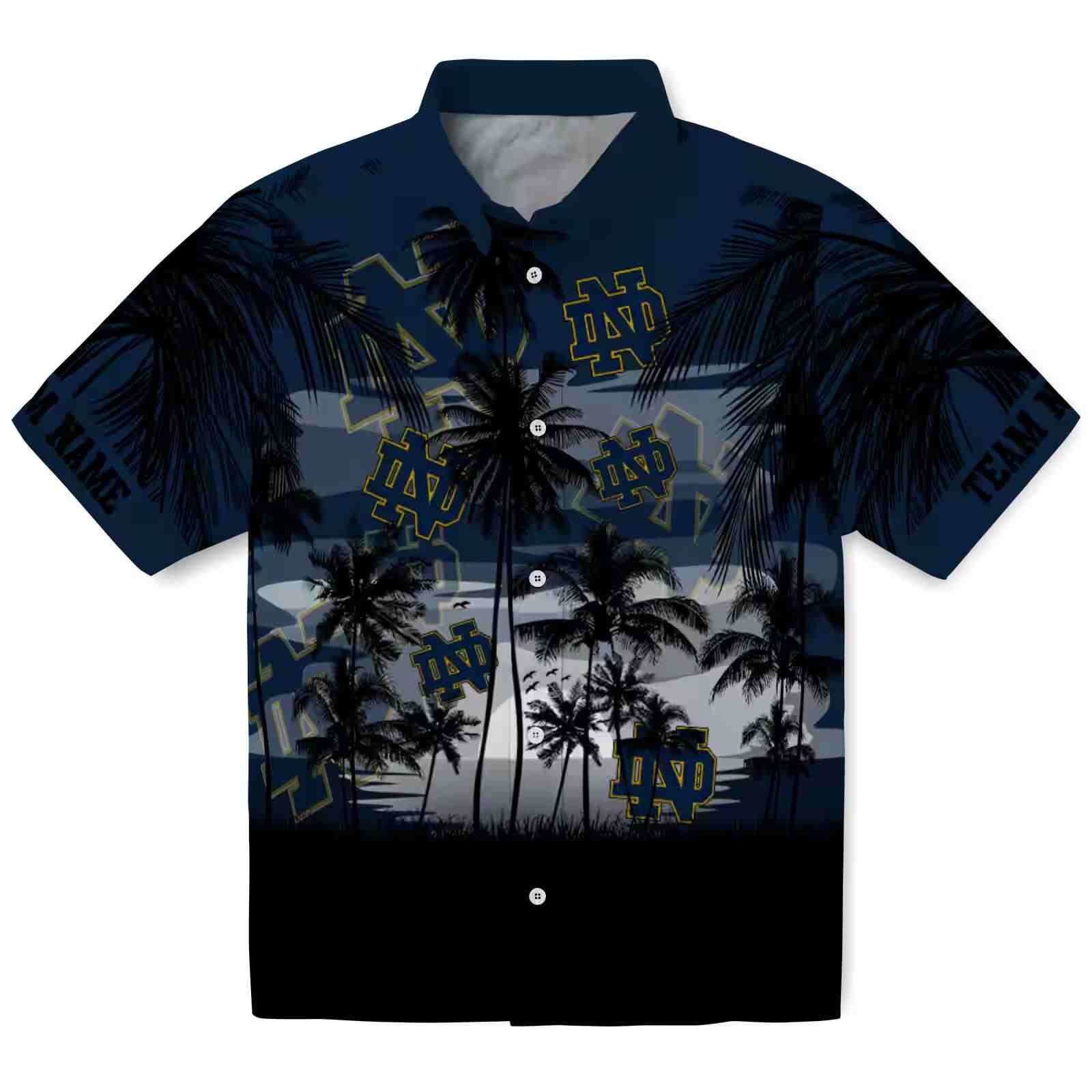 Custom Notre Dame Fighting Irish Sunset Scene Navy Black Hawaiian Shirt