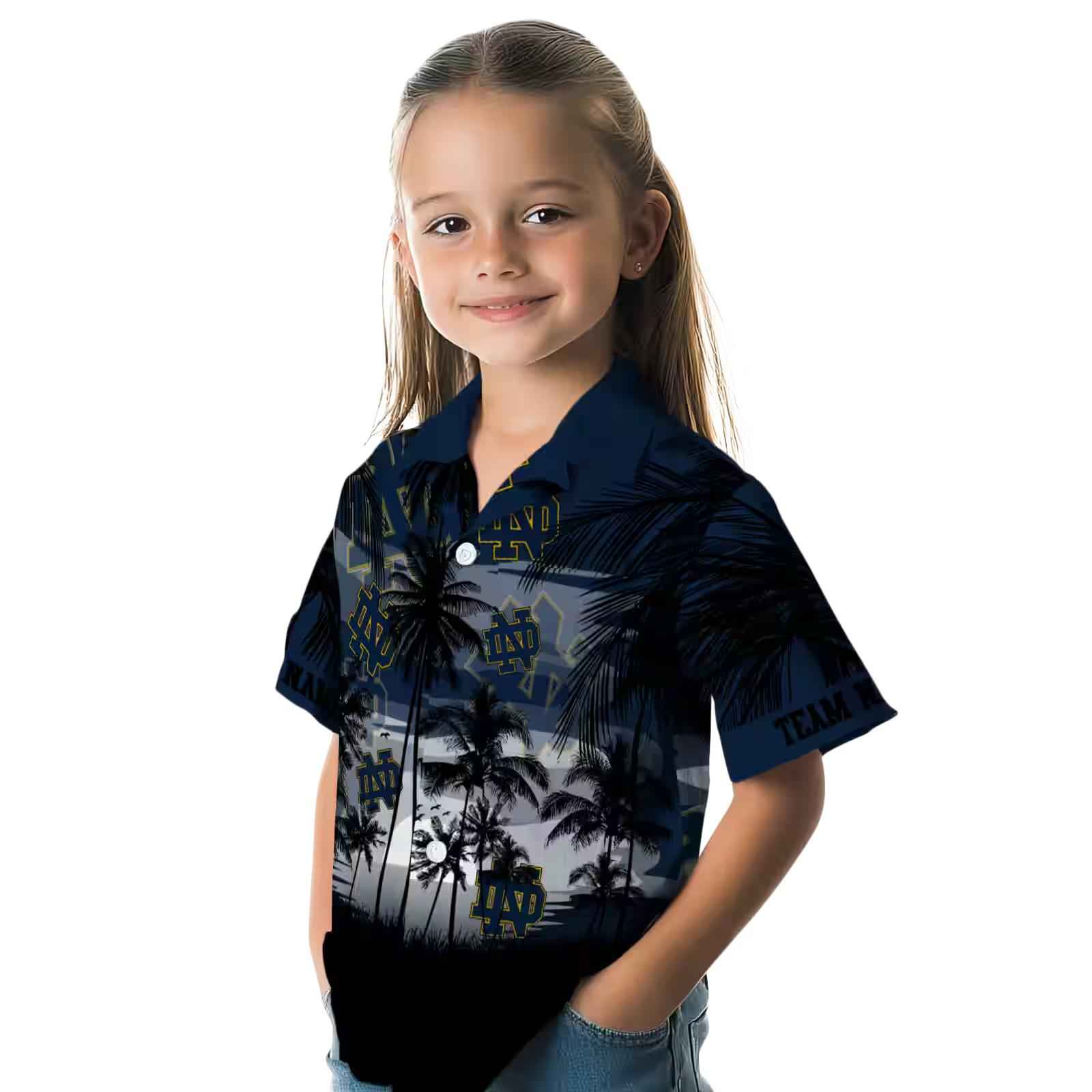 custom notre dame fighting irish sunset scene navy black hawaiian shirt premium grade