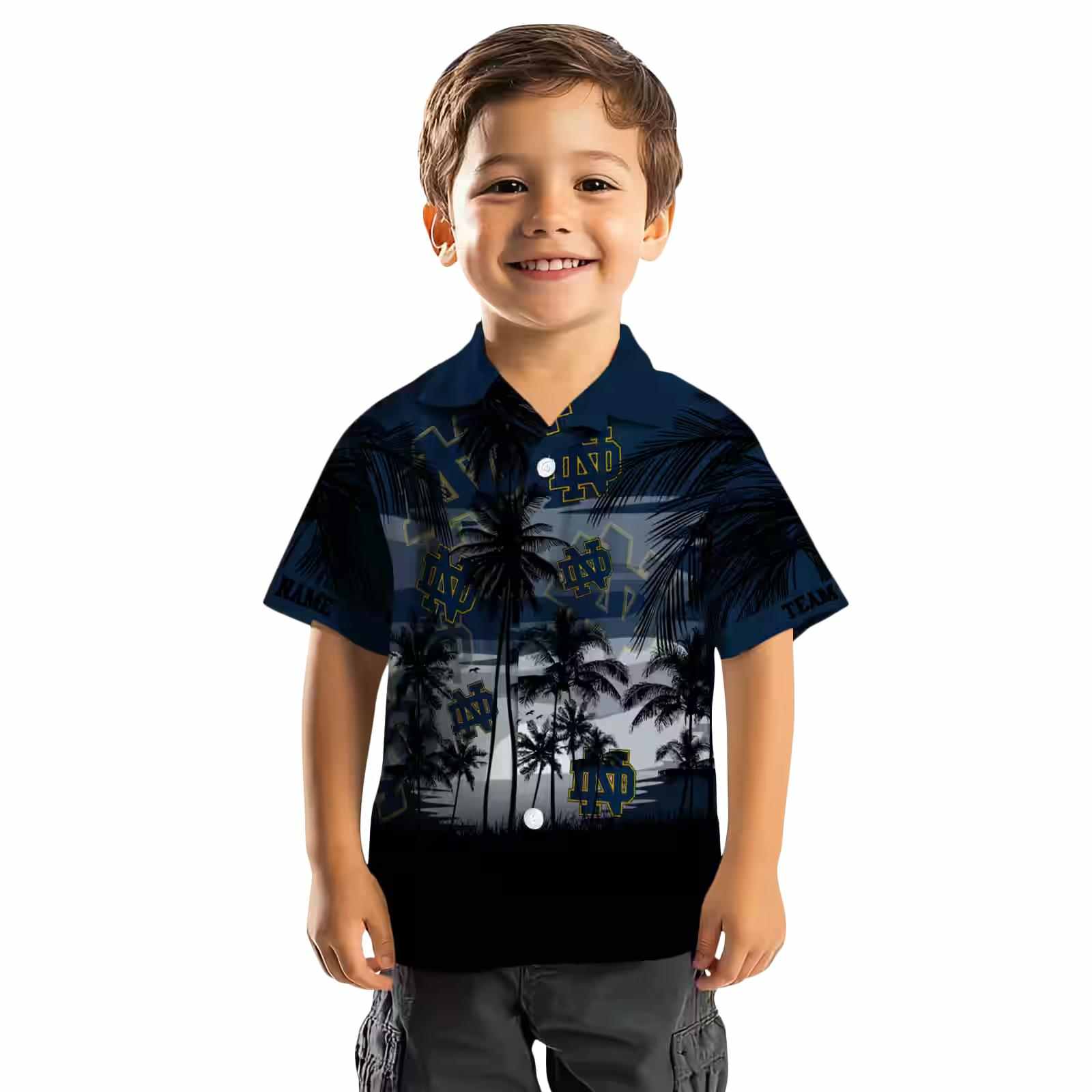 custom notre dame fighting irish sunset scene navy black hawaiian shirt top rated