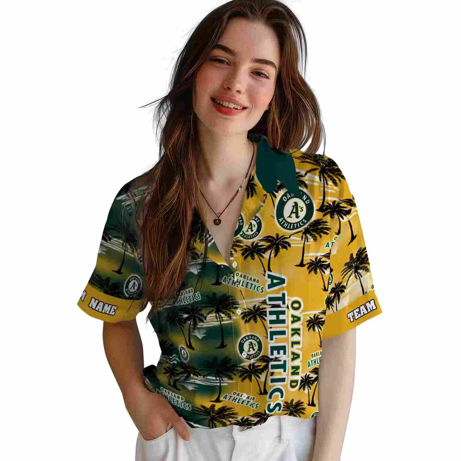 custom oakland athletics palm silhouettes green hawaiian shirt latest model