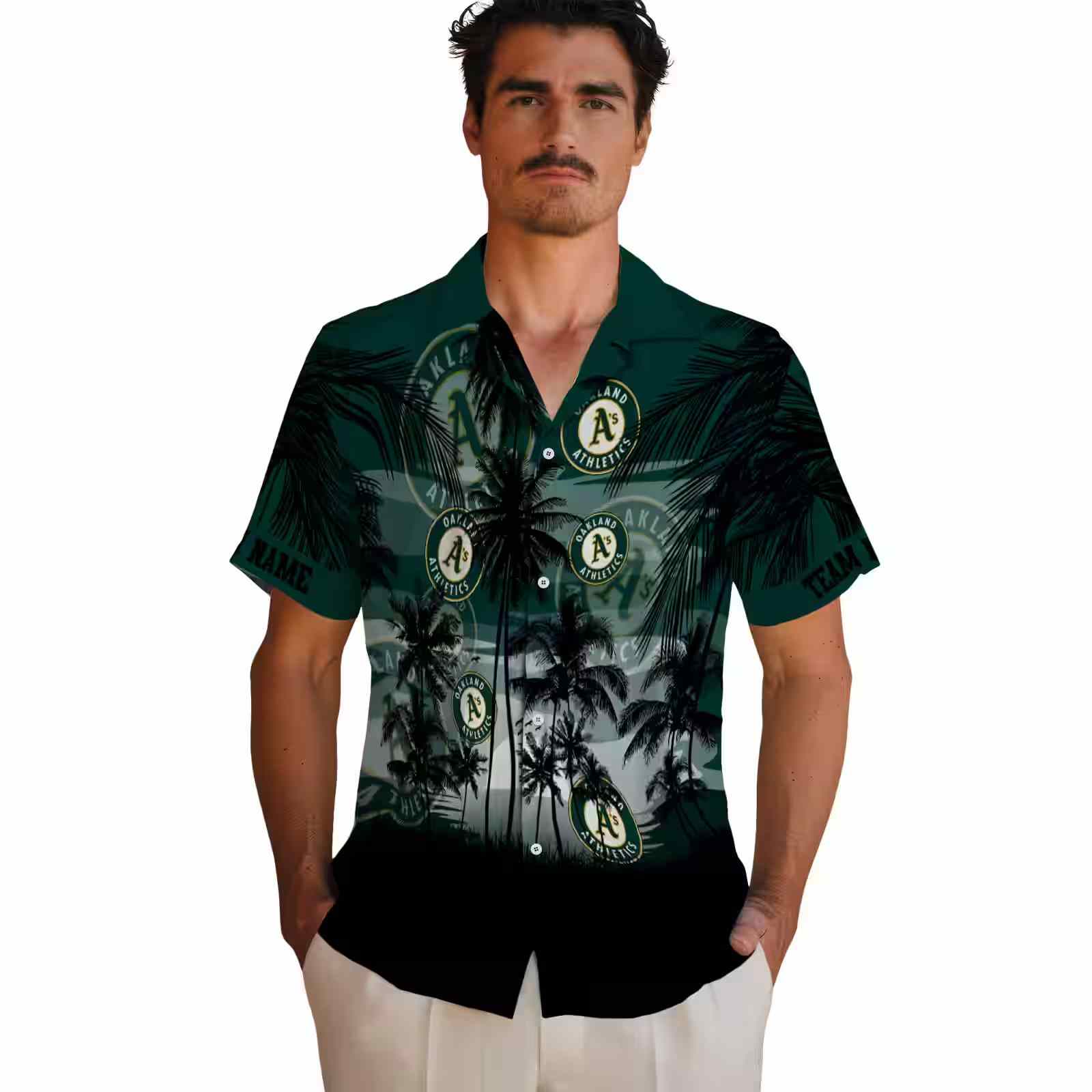 custom oakland athletics sunset scene green black hawaiian shirt fashion forward