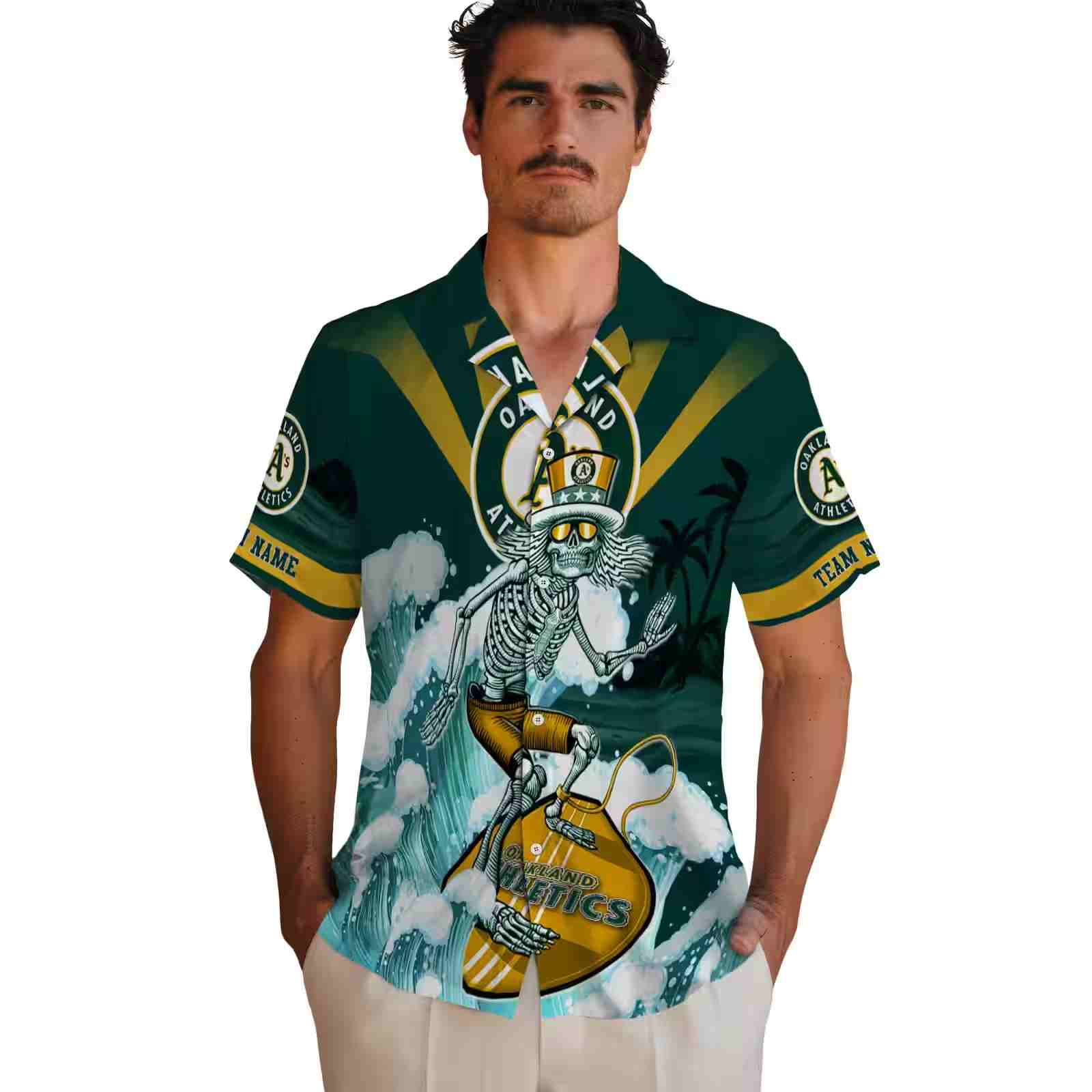 custom oakland athletics surfing skeleton green blue hawaiian shirt fashion forward