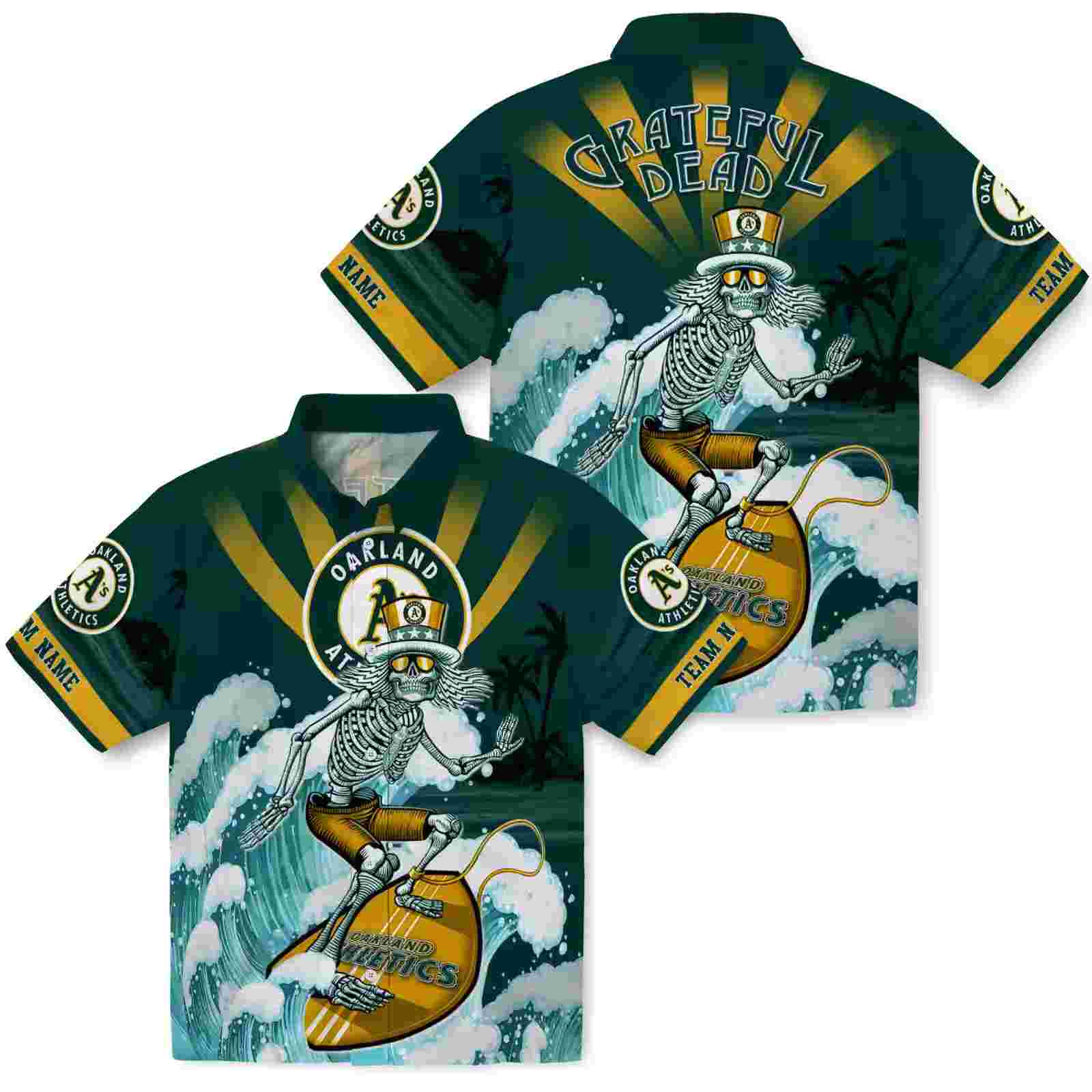 custom oakland athletics surfing skeleton green blue hawaiian shirt high quality