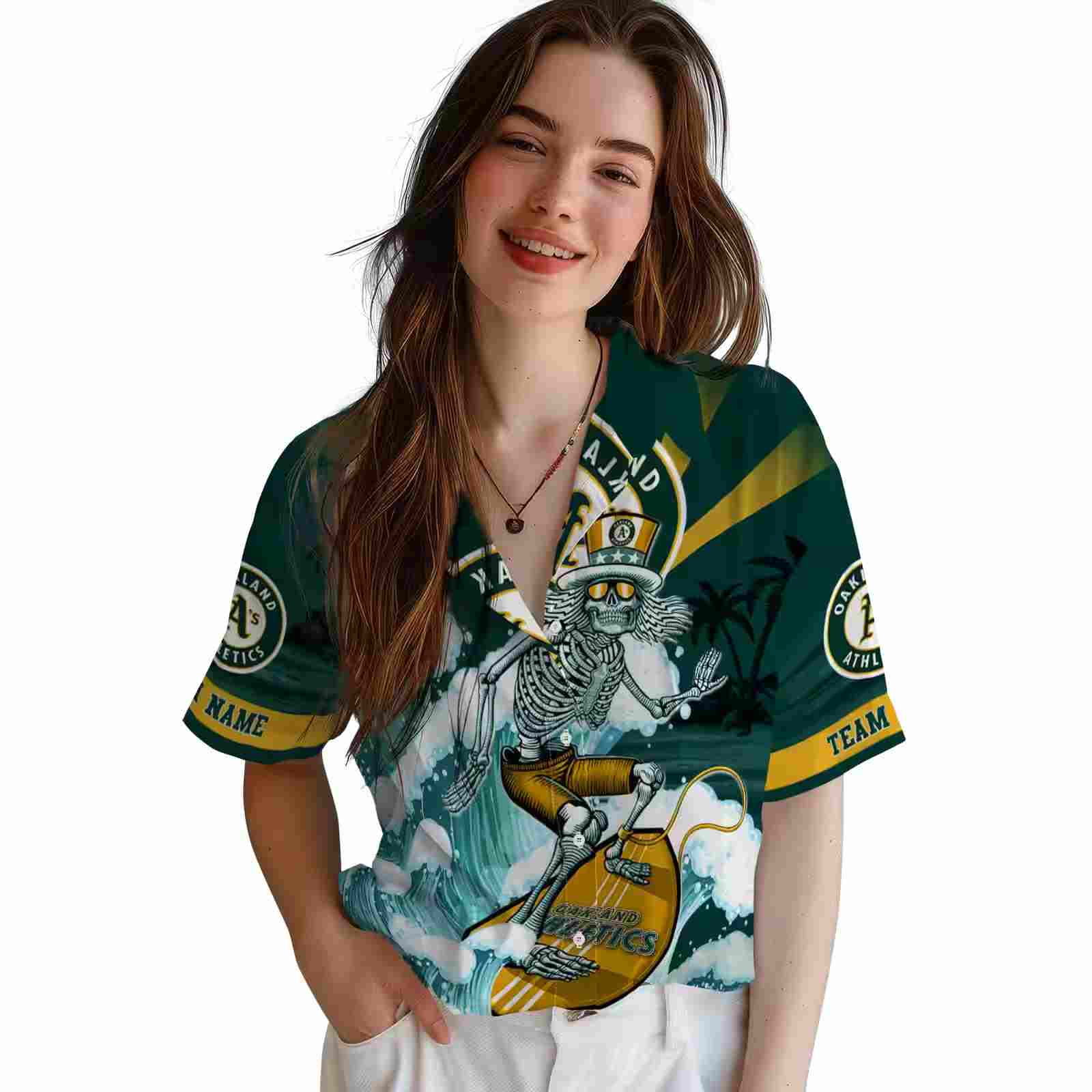 custom oakland athletics surfing skeleton green blue hawaiian shirt latest model