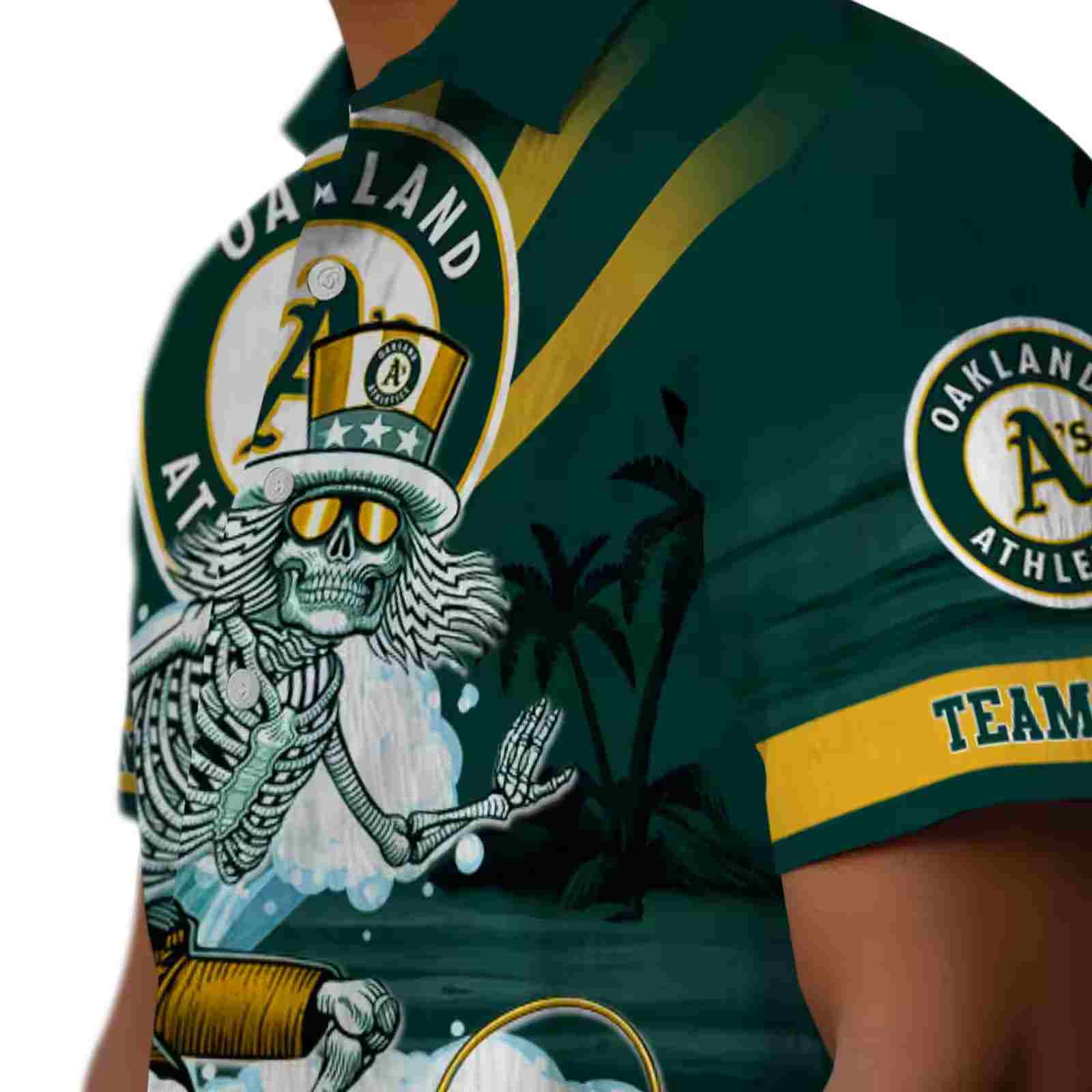 custom oakland athletics surfing skeleton green blue hawaiian shirt trendy