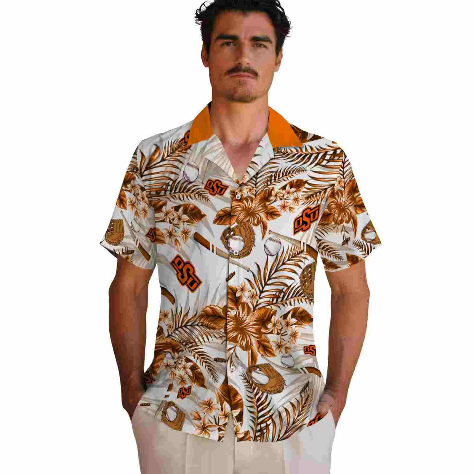 custom oklahoma state cowboys floral baseball orange white hawaiian shirt fashion forward