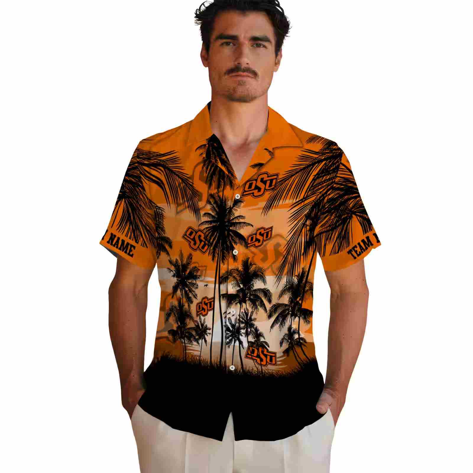 custom oklahoma state cowboys sunset scene orange black hawaiian shirt fashion forward