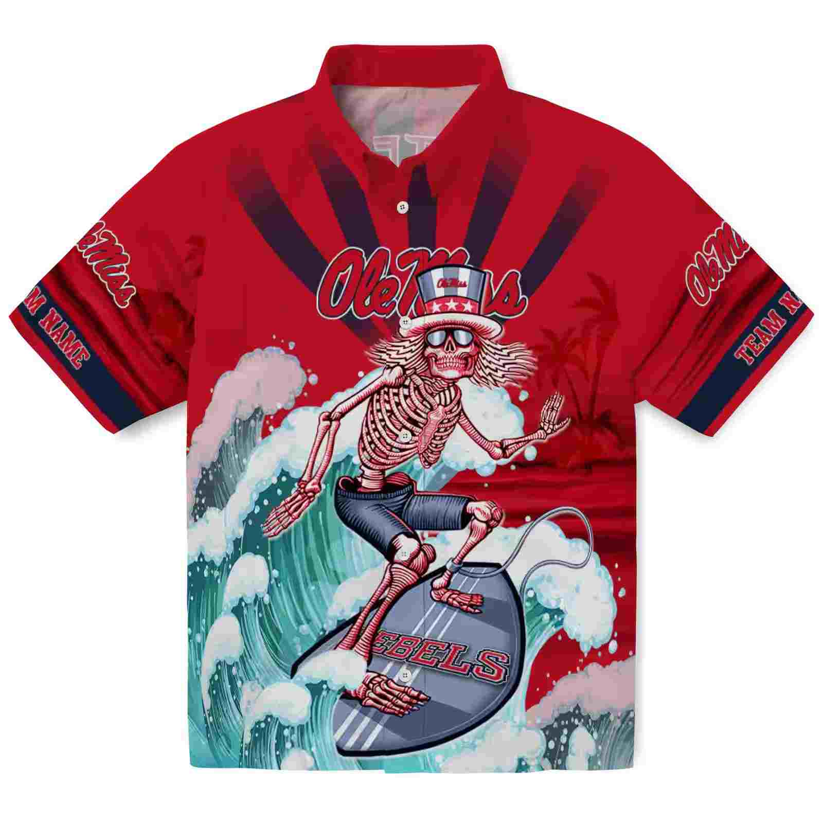 Custom Ole Miss Rebels Surfing Skeleton Red Blue Hawaiian Shirt